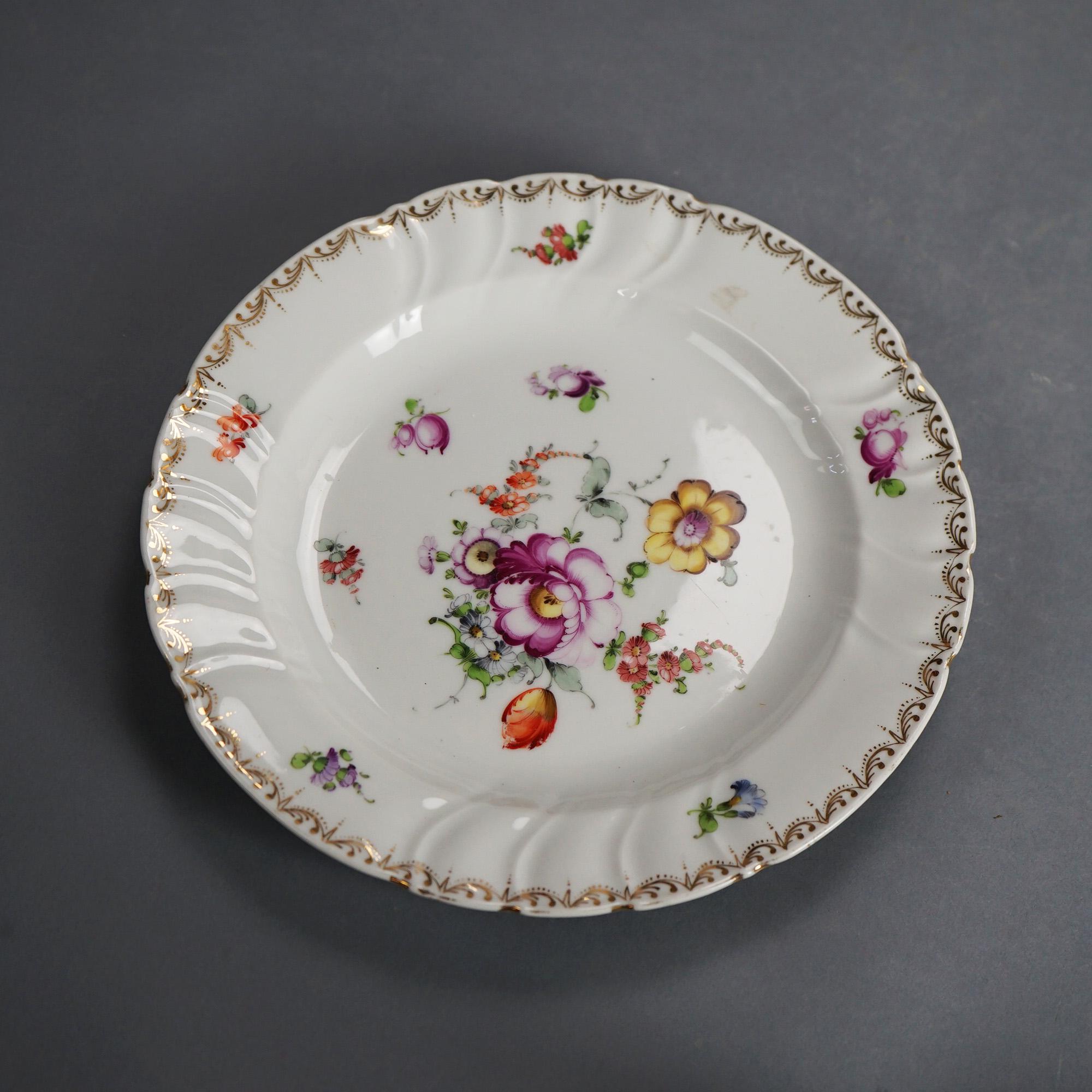 Hand-Painted Five Antique Meissen Porcelain Plates with Hand Painted Flowers & Gilt C1900 For Sale