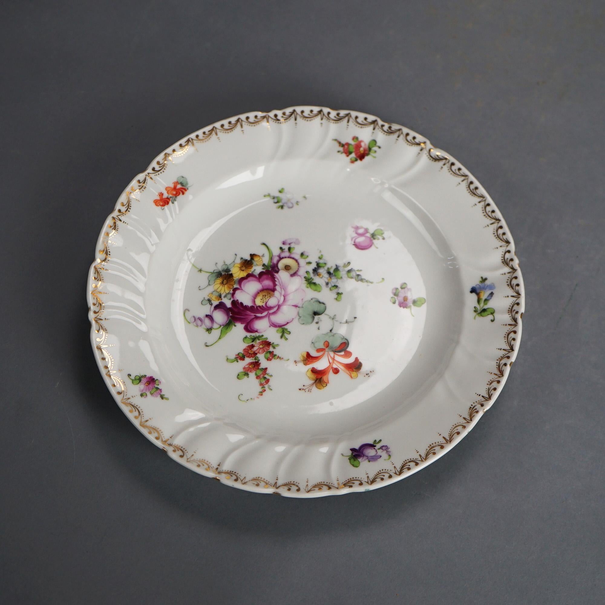 Five Antique Meissen Porcelain Plates with Hand Painted Flowers & Gilt C1900 In Good Condition For Sale In Big Flats, NY