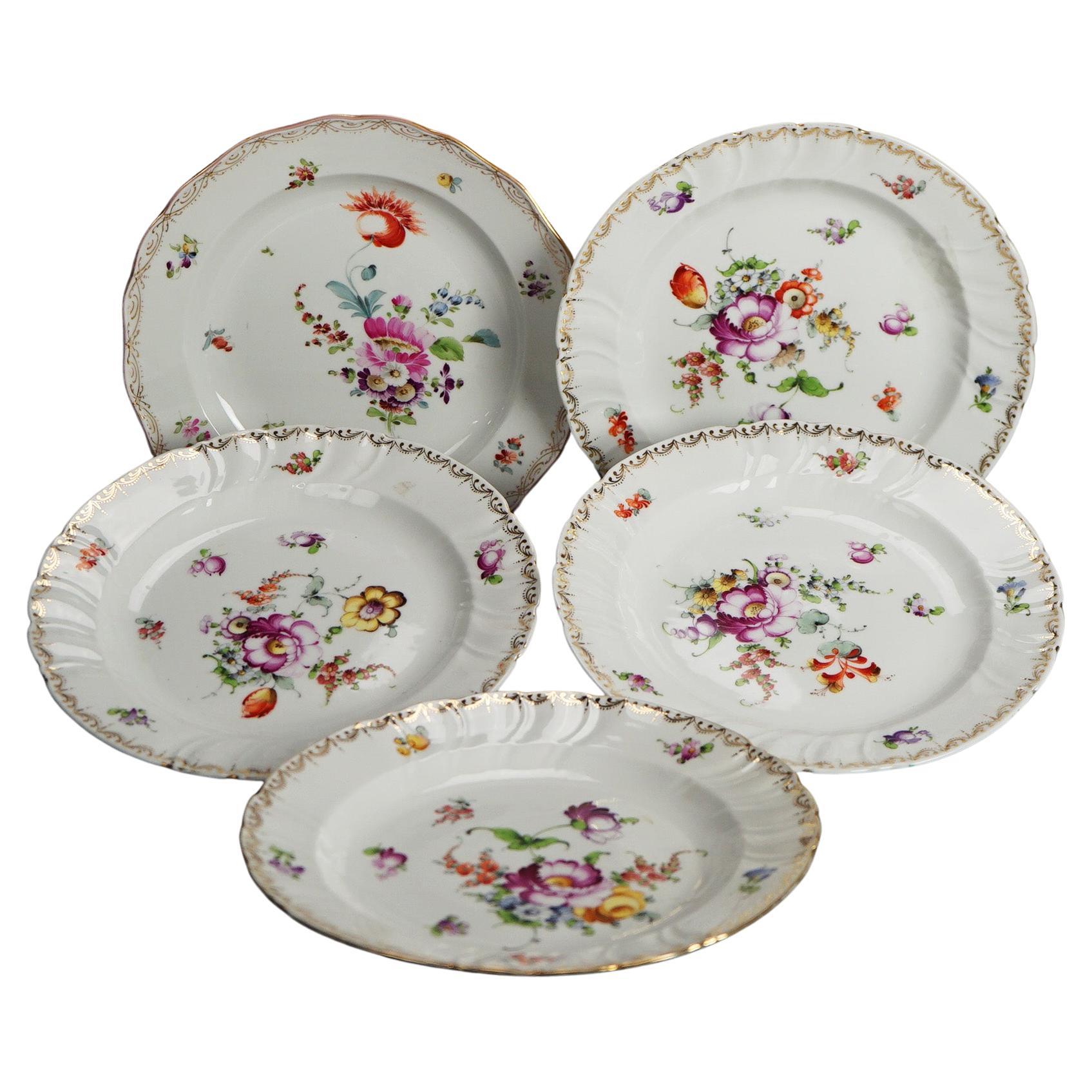 Five Antique Meissen Porcelain Plates with Hand Painted Flowers & Gilt C1900