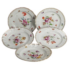 Five Antique Meissen Porcelain Plates with Hand Painted Flowers & Gilt C1900