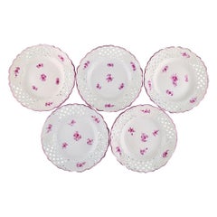 Five Antique Openwork Meissen Plates in Porcelain with Pink Floral Motifs