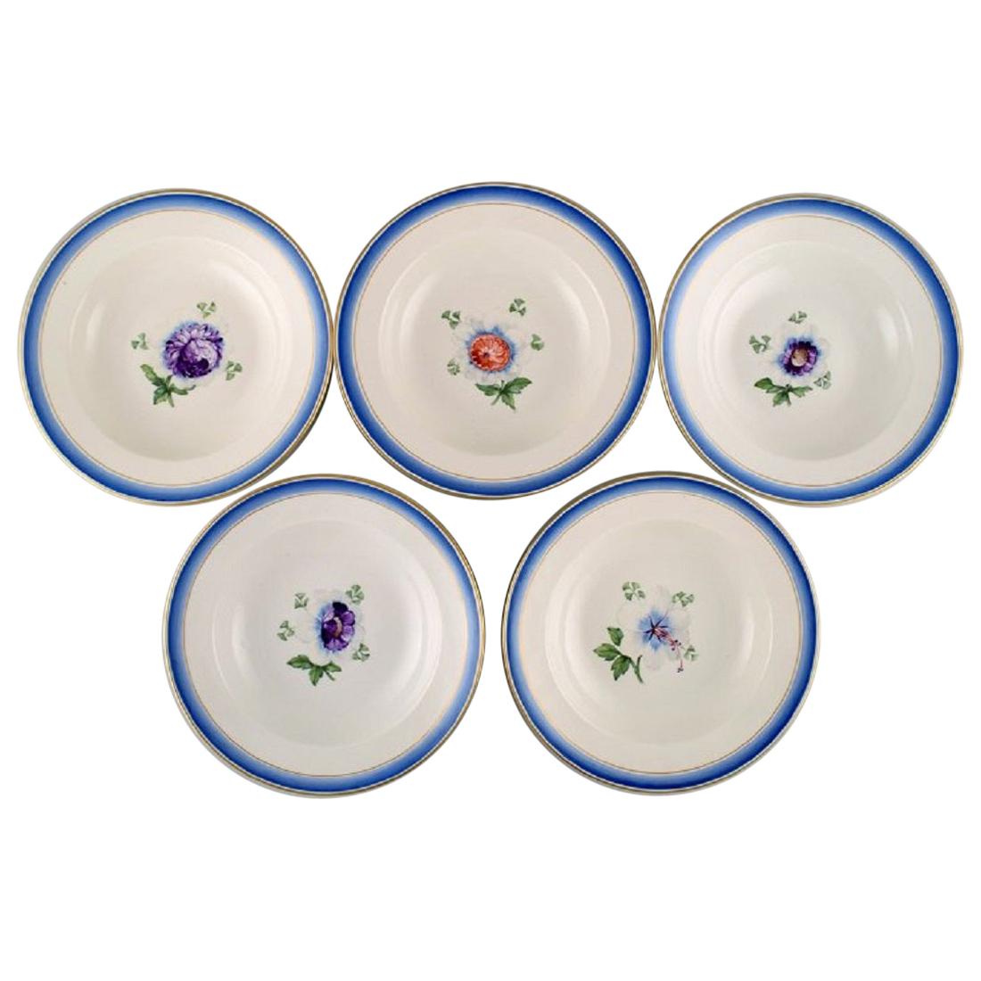 Five Antique Royal Copenhagen Deep Plates in Hand Painted Porcelain For Sale