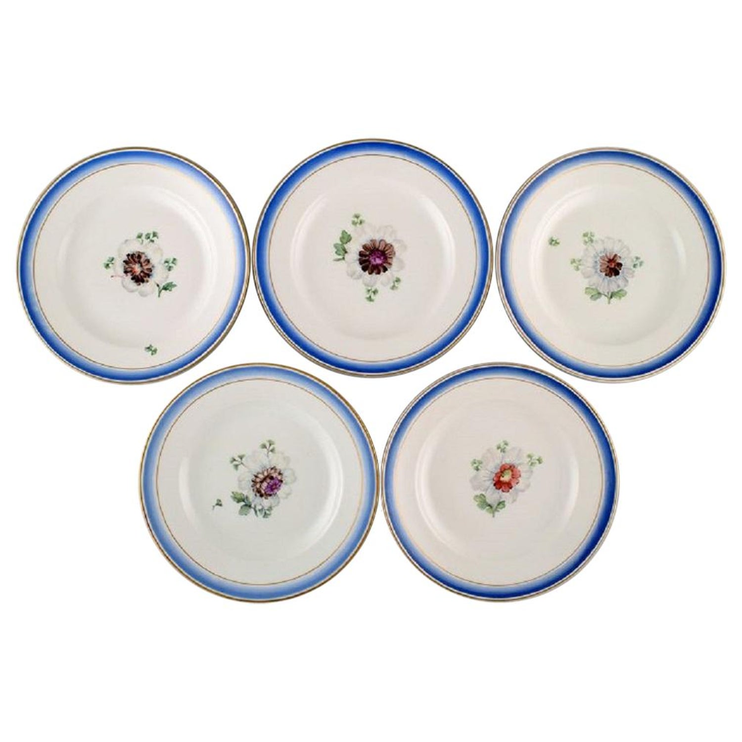 Five Antique Royal Copenhagen Plates in Hand Painted Porcelain with Flowers  For Sale at 1stDibs