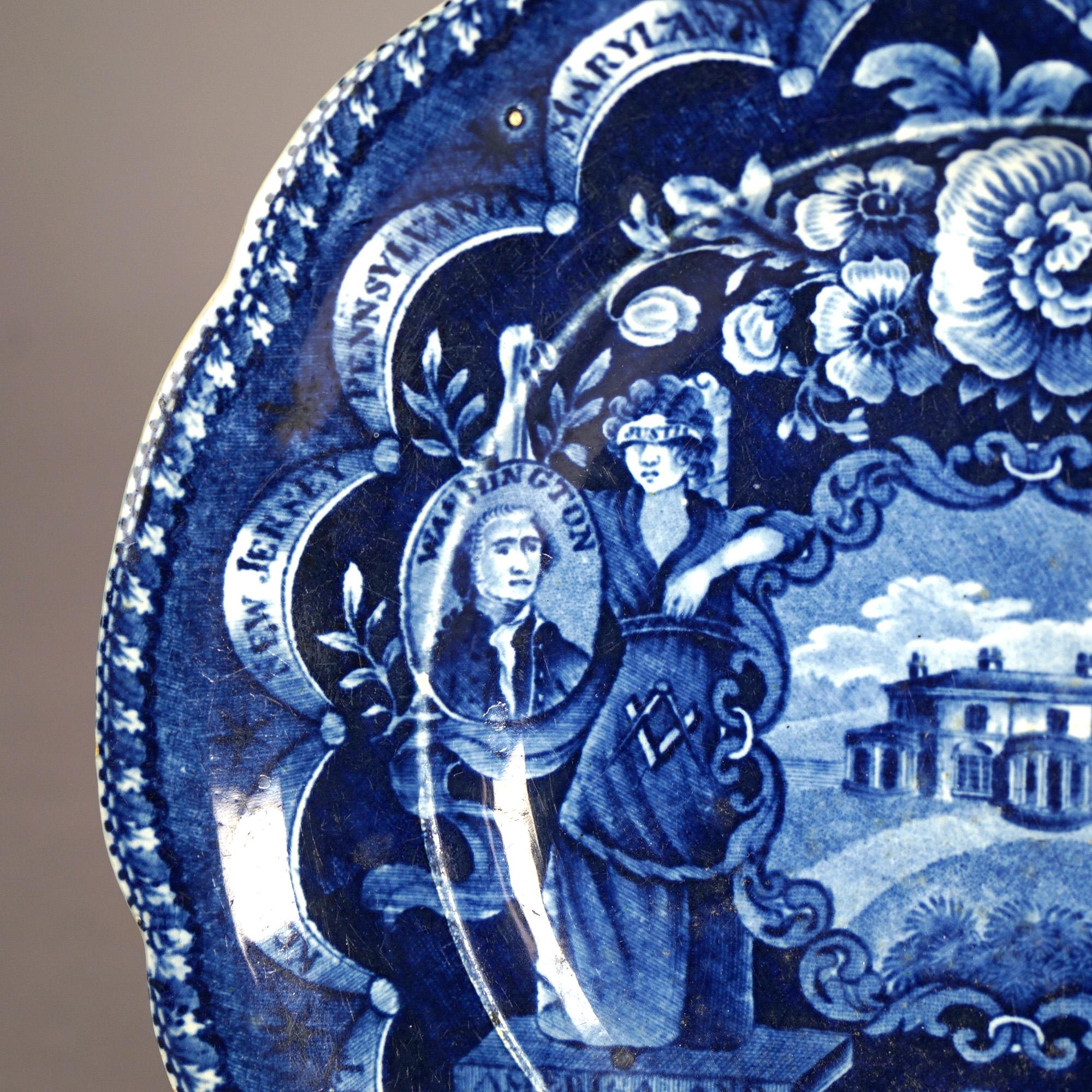 Five Antique Staffordshire Pottery Flow Blue Plates with Hunt Scènes 19th C 3