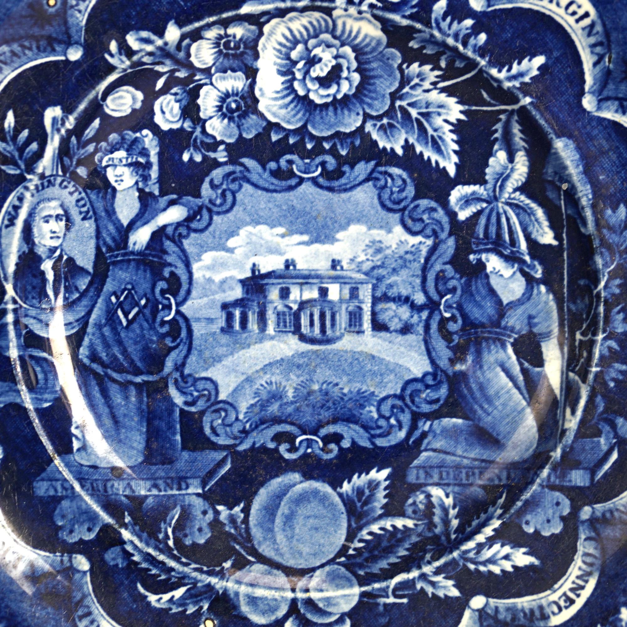 Five Antique Staffordshire Pottery Flow Blue Plates with Hunt Scènes 19th C 4