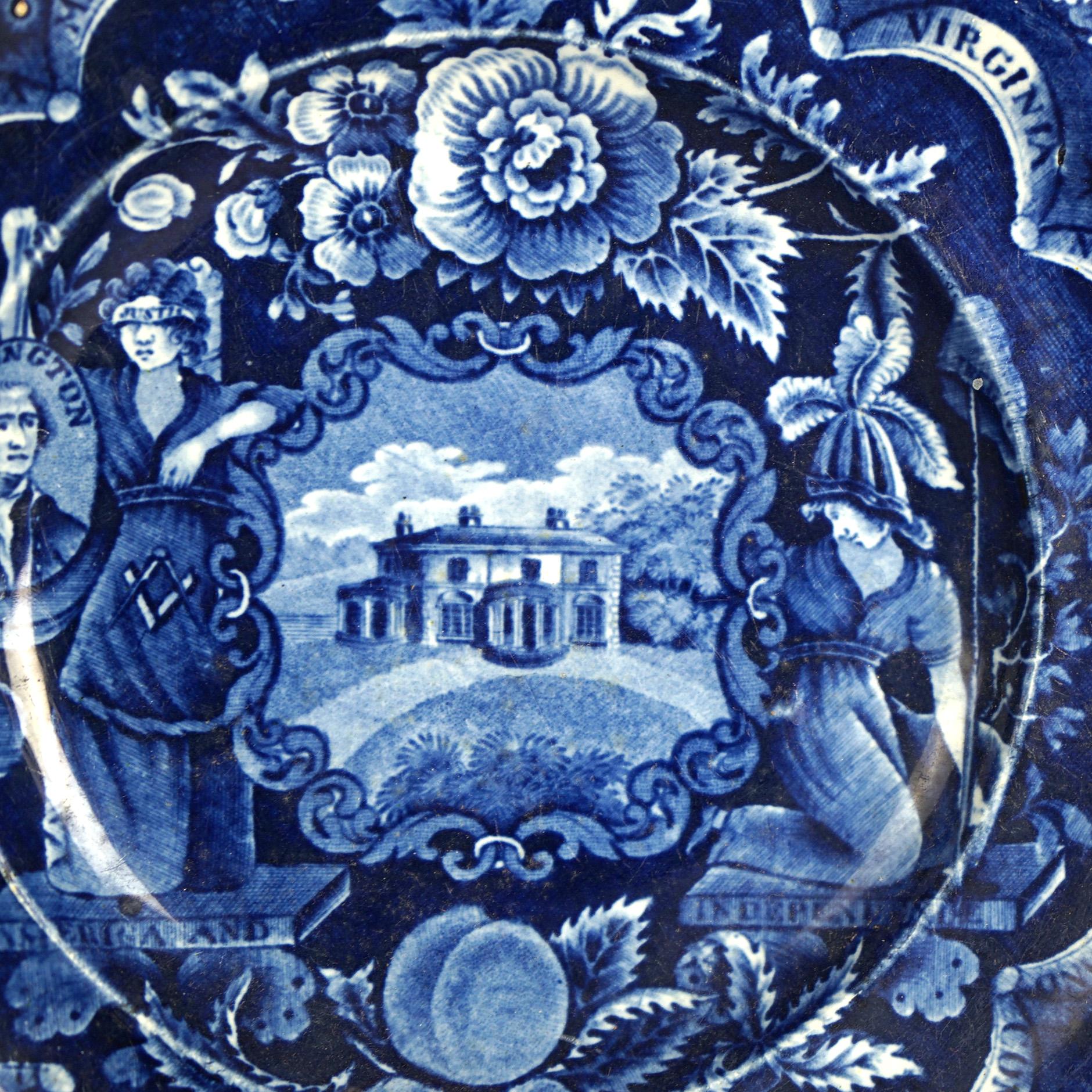 Five Antique Staffordshire Pottery Flow Blue Plates with Hunt Scènes 19th C 5