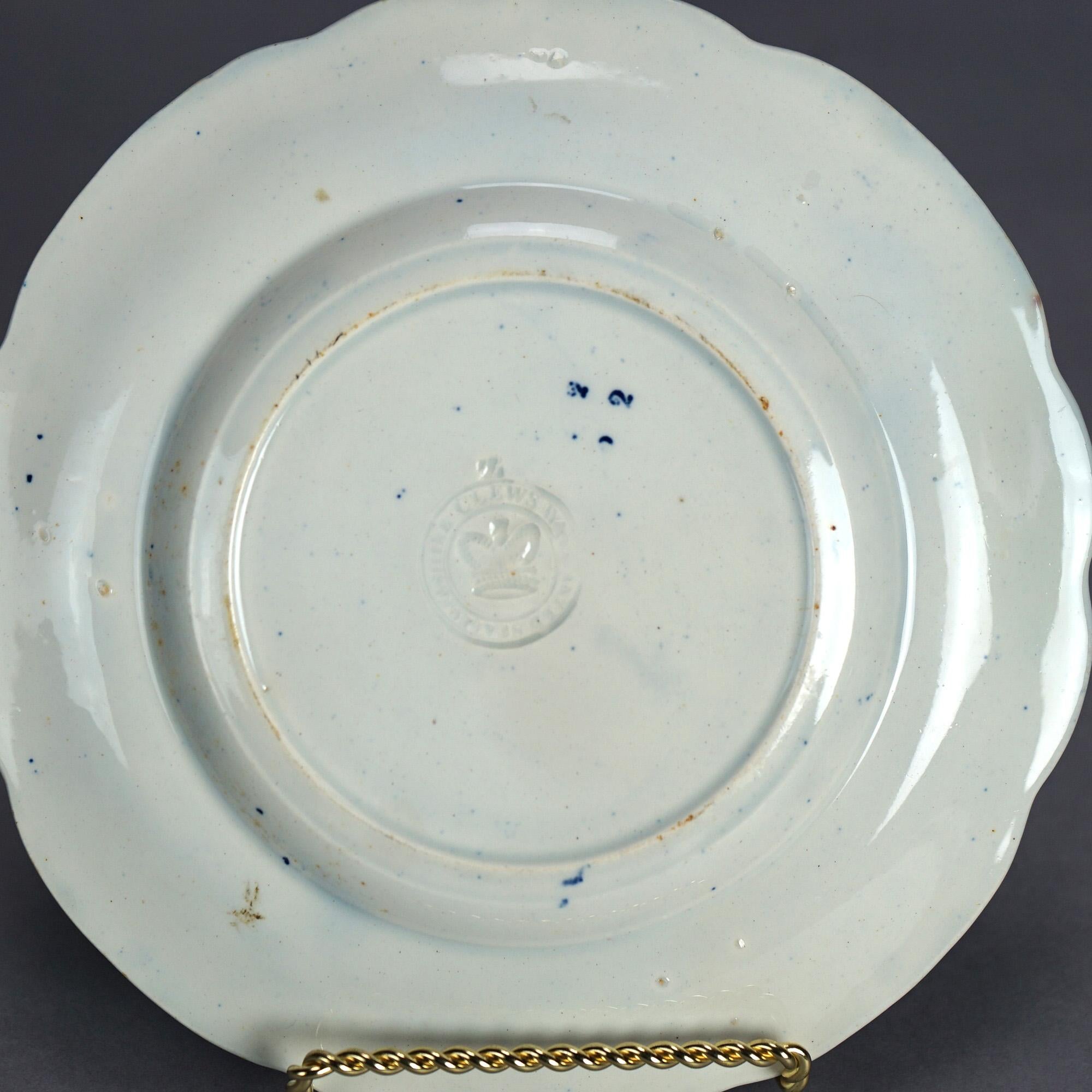 Five Antique Staffordshire Pottery Flow Blue Plates with Hunt Scènes 19th C 6