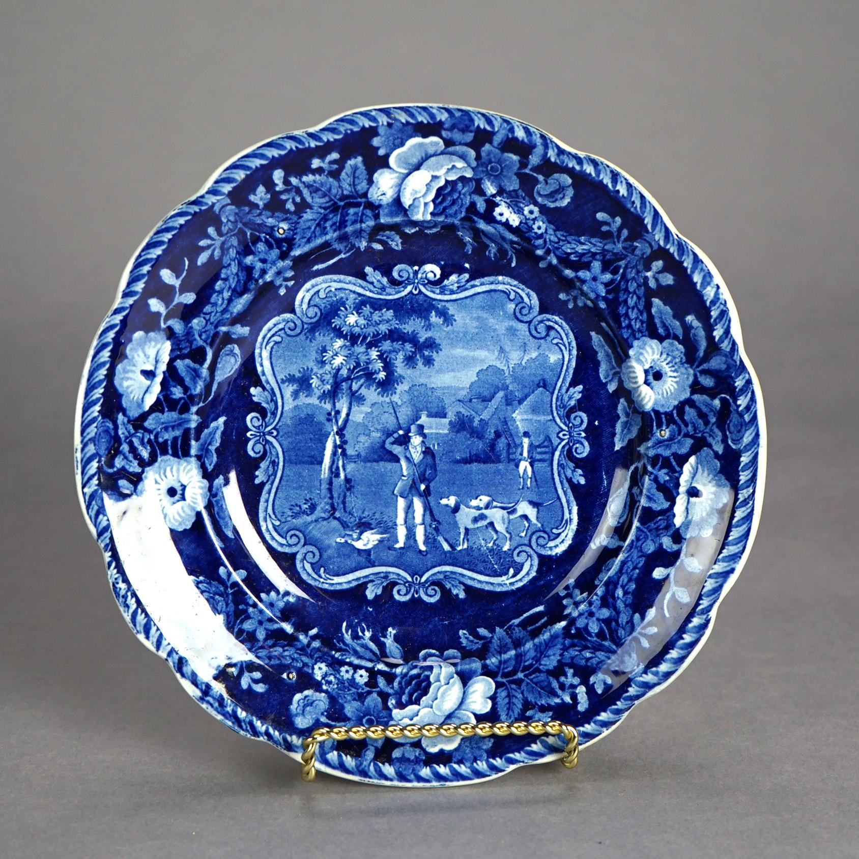 Five Antique Staffordshire Pottery Flow Blue Plates with Hunt Scènes 19th C 7