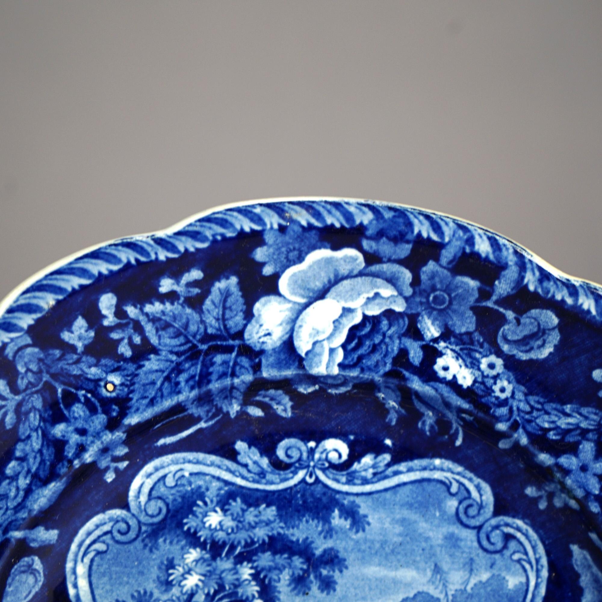 Five Antique Staffordshire Pottery Flow Blue Plates with Hunt Scènes 19th C 9