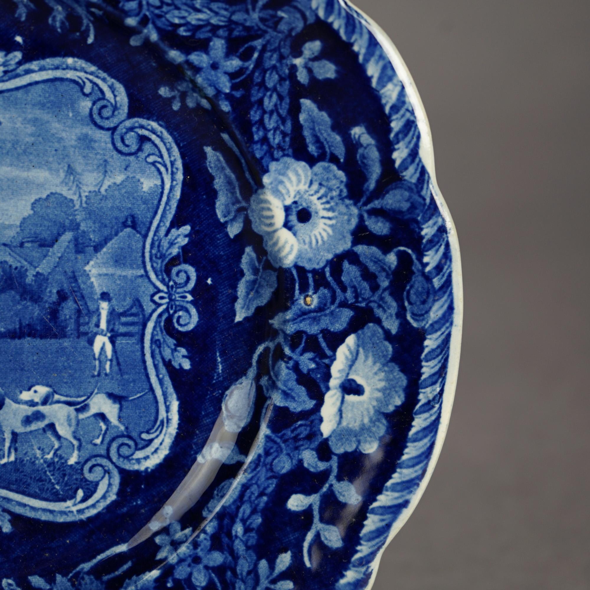 Five Antique Staffordshire Pottery Flow Blue Plates with Hunt Scènes 19th C 10