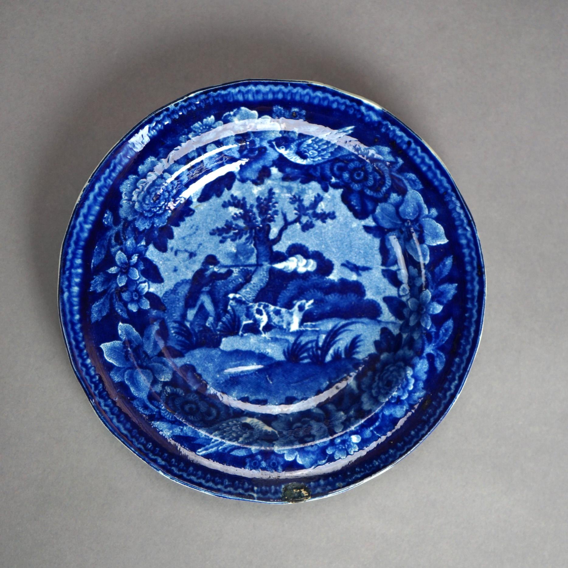 Five Antique Staffordshire Pottery Flow Blue Plates with Hunt Scènes 19th C 12