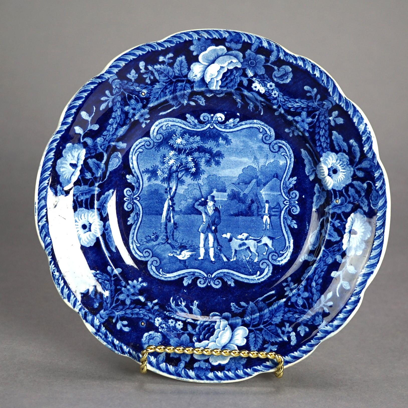 Five Antique English Staffordshire Pottery Flow Blue Plates with Hunt Scènes 19th C

Measures - largest 9