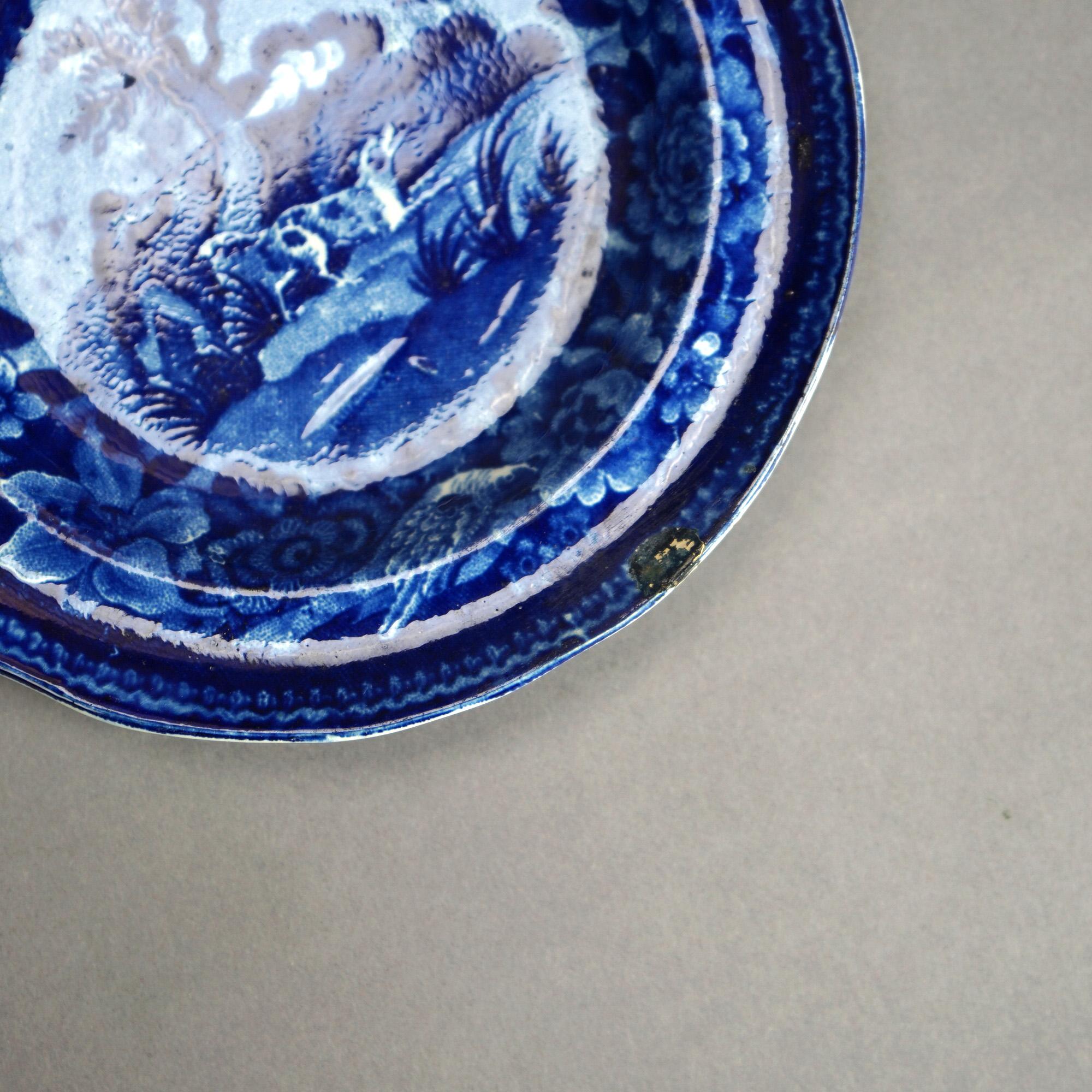 Five Antique Staffordshire Pottery Flow Blue Plates with Hunt Scènes 19th C 13