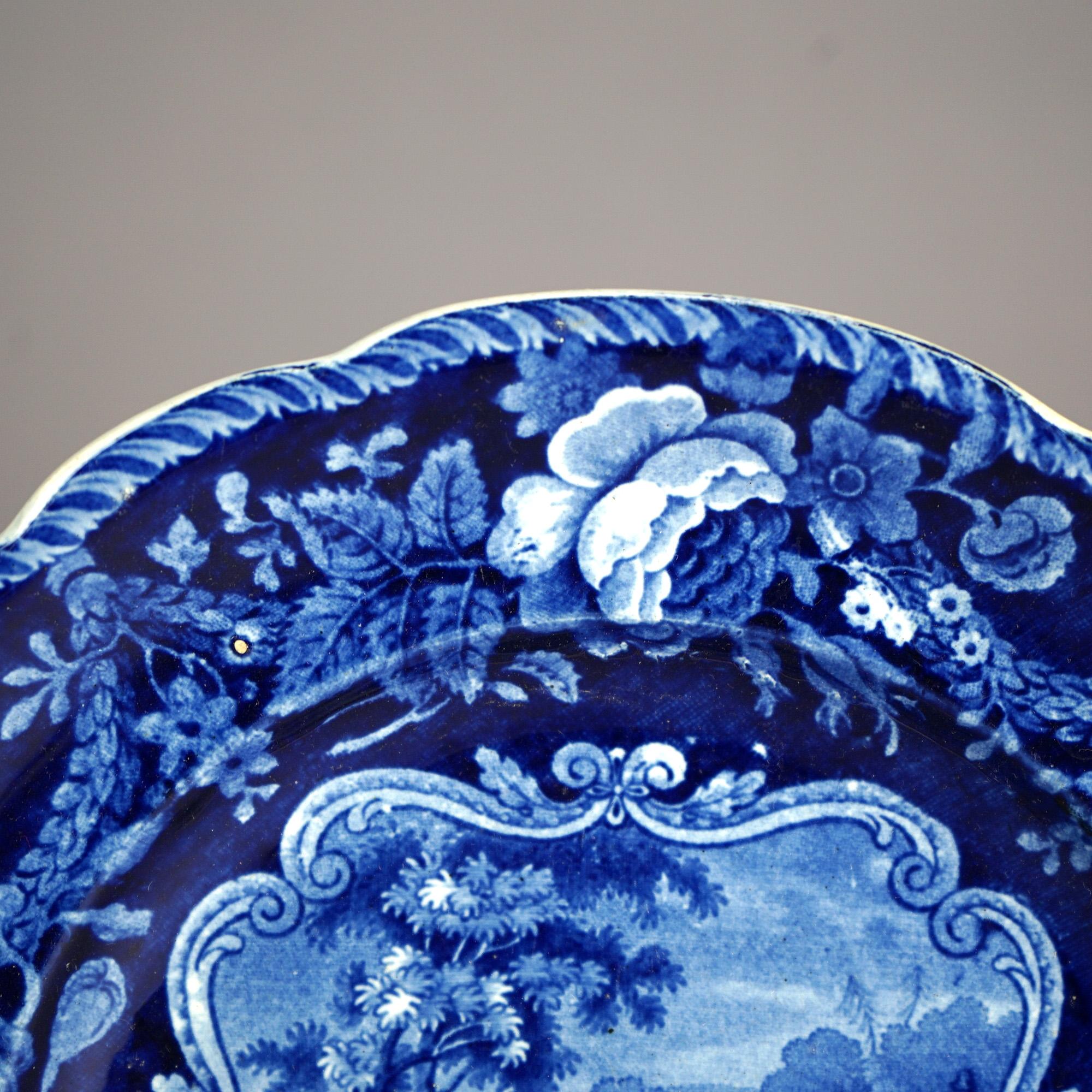 Five Antique Staffordshire Pottery Flow Blue Plates with Hunt Scènes 19th C In Good Condition In Big Flats, NY