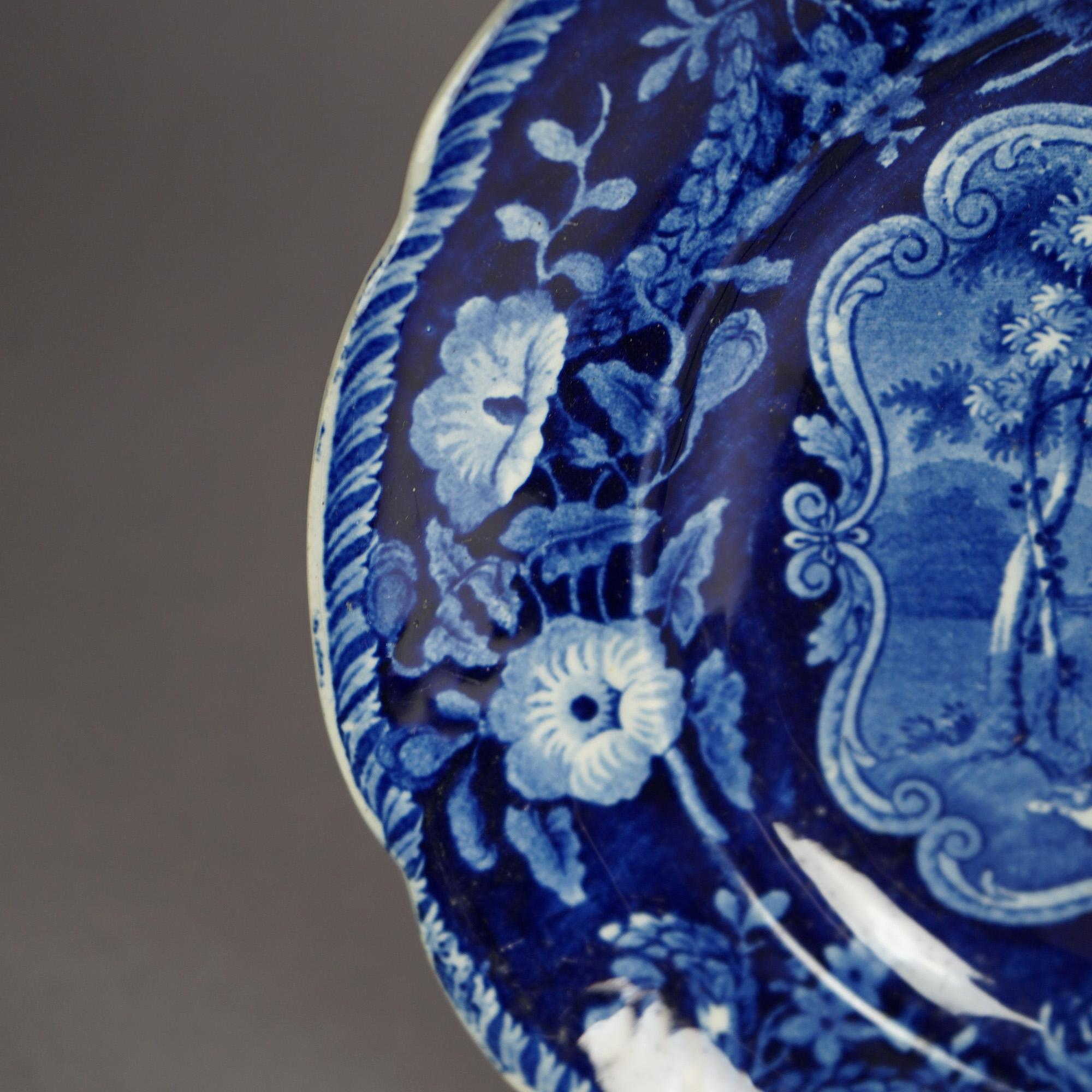 19th Century Five Antique Staffordshire Pottery Flow Blue Plates with Hunt Scènes 19th C