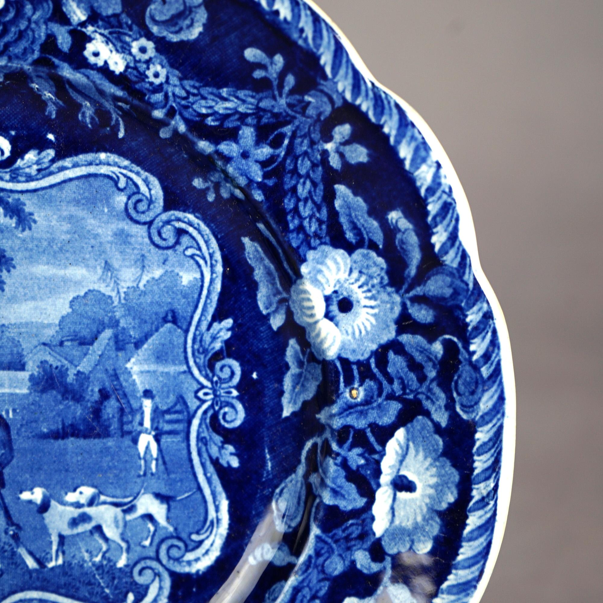 Porcelain Five Antique Staffordshire Pottery Flow Blue Plates with Hunt Scènes 19th C