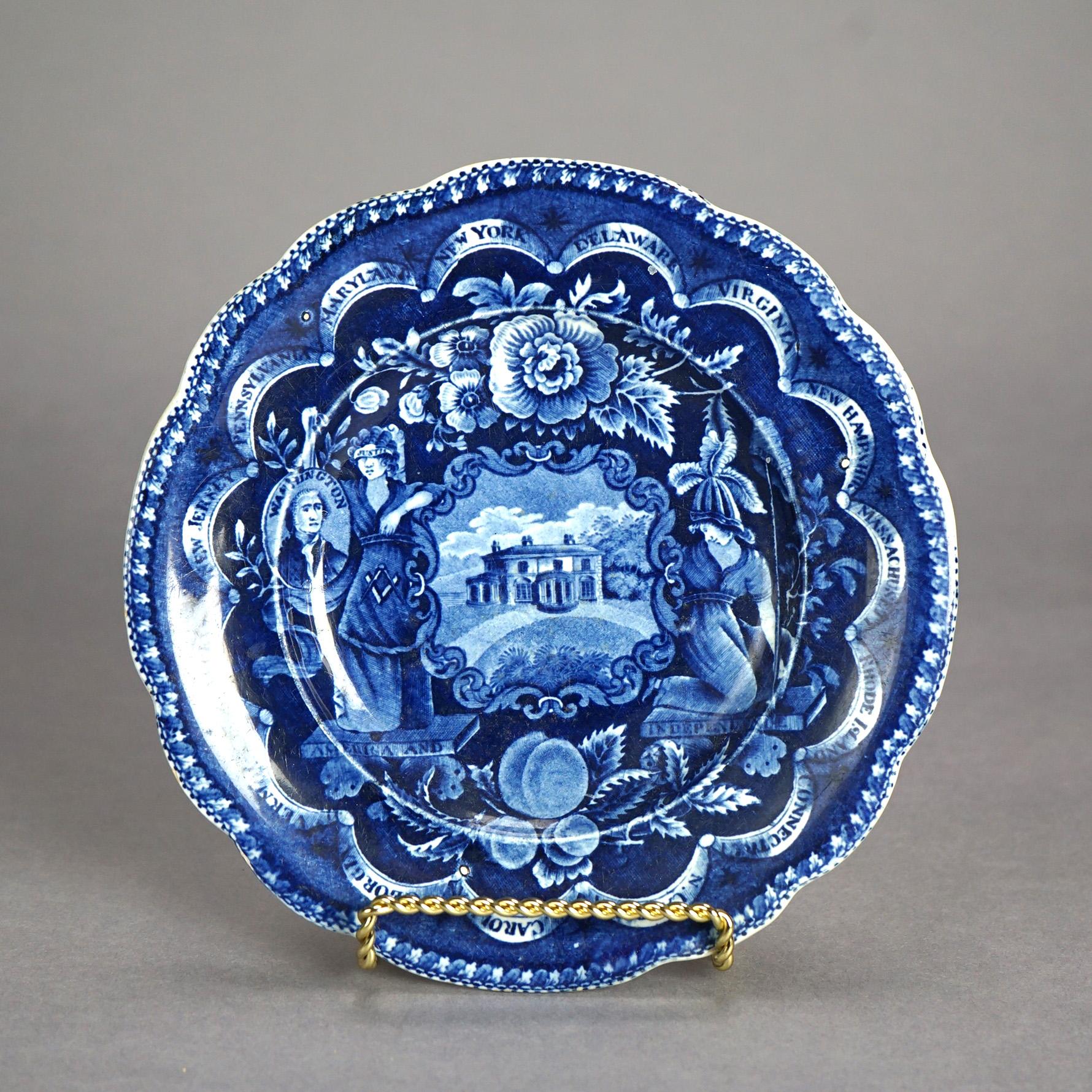 Five Antique Staffordshire Pottery Flow Blue Plates with Hunt Scènes 19th C 2
