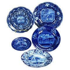 Five Antique Staffordshire Pottery Flow Blue Plates with Hunt Scènes 19th C