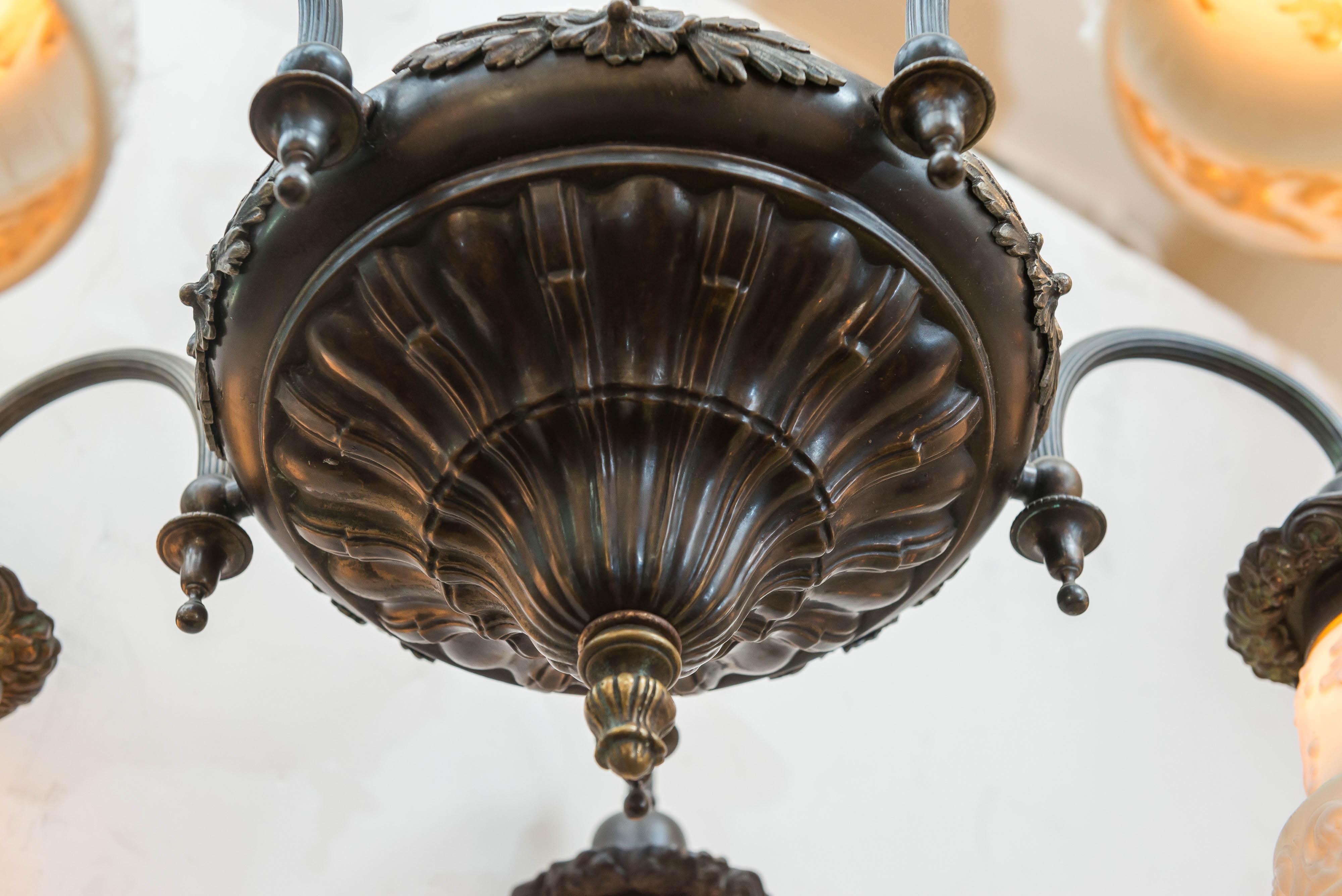 Five-Arm Belle Époque Chandelier with Original Milk Glass Shades In Excellent Condition In Petaluma, CA