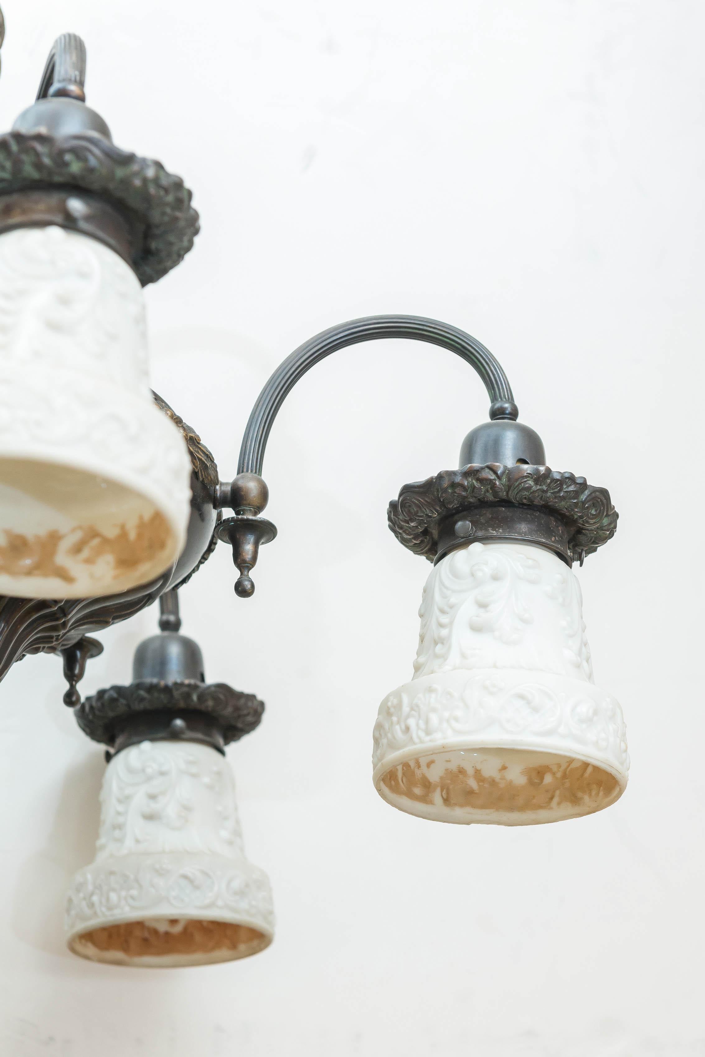 Early 20th Century Five-Arm Belle Époque Chandelier with Original Milk Glass Shades