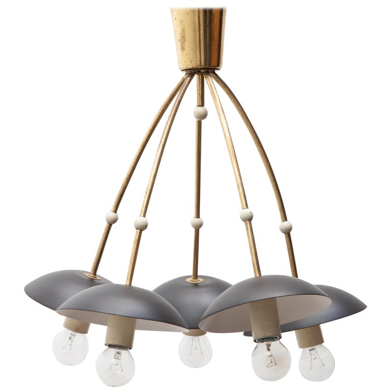 Five Arm Brass And Black Shade Italian Chandelier 1950s At 1stdibs
