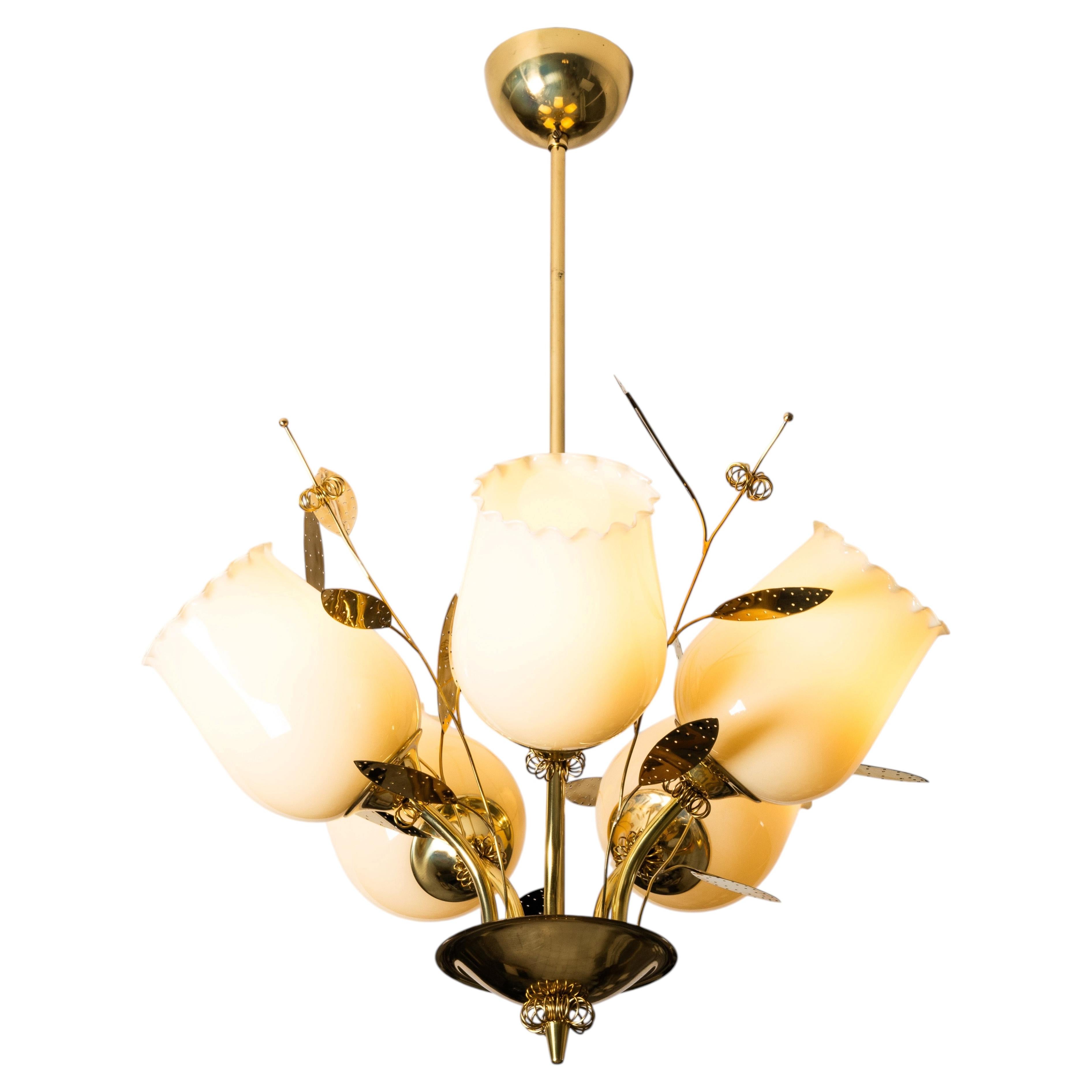 Five-Arm Brass and Glass Chandelier with Floral Details by Itsu, Finland, 1950s