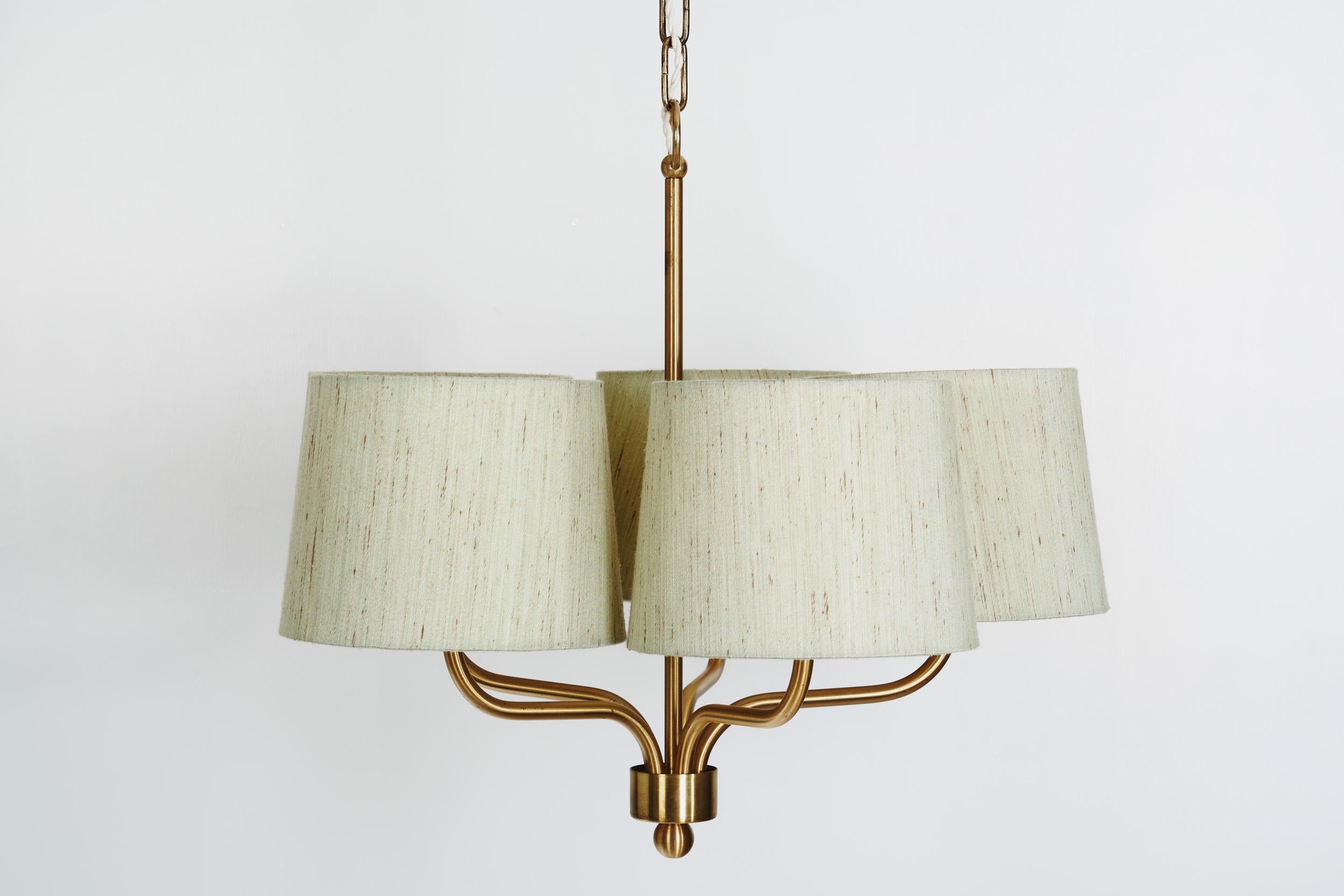 Five Arm Brass Ceiling Lamp with Fabric Shades by Luxus Vittsjö, Sweden 1960s For Sale 6