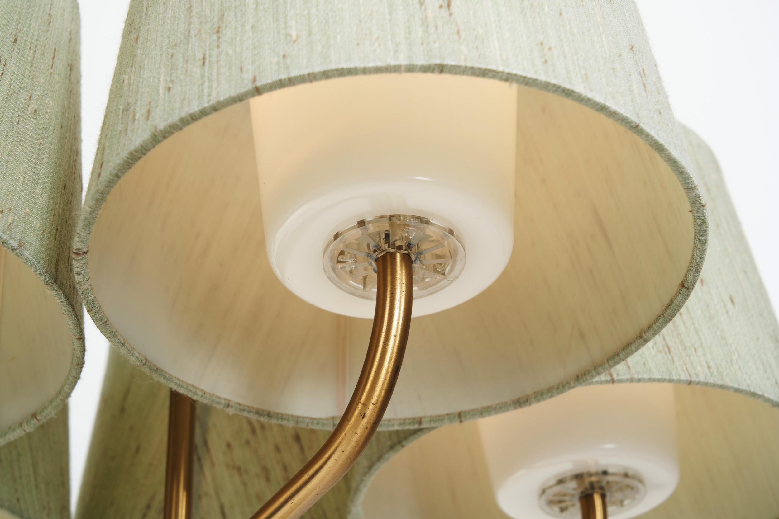 Five Arm Brass Ceiling Lamp with Fabric Shades by Luxus Vittsjö, Sweden 1960s 10