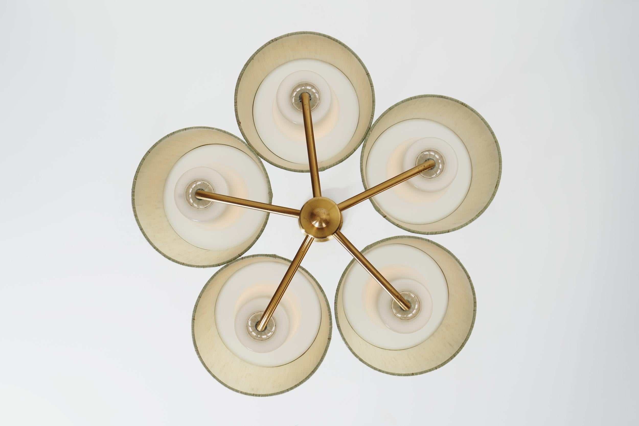 Five Arm Brass Ceiling Lamp with Fabric Shades by Luxus Vittsjö, Sweden 1960s For Sale 11