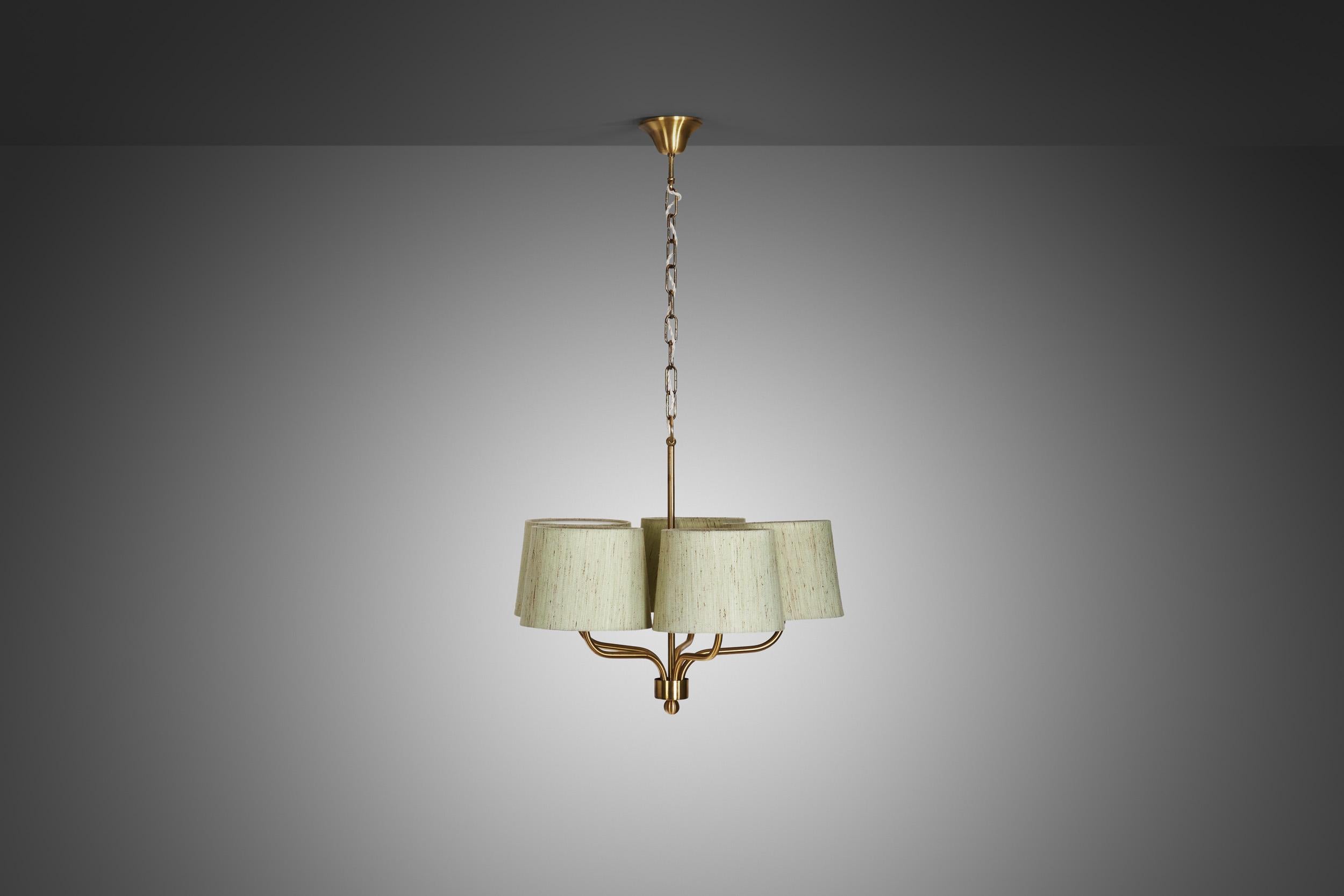 Mid-Century Modern Five Arm Brass Ceiling Lamp with Fabric Shades by Luxus Vittsjö, Sweden 1960s
