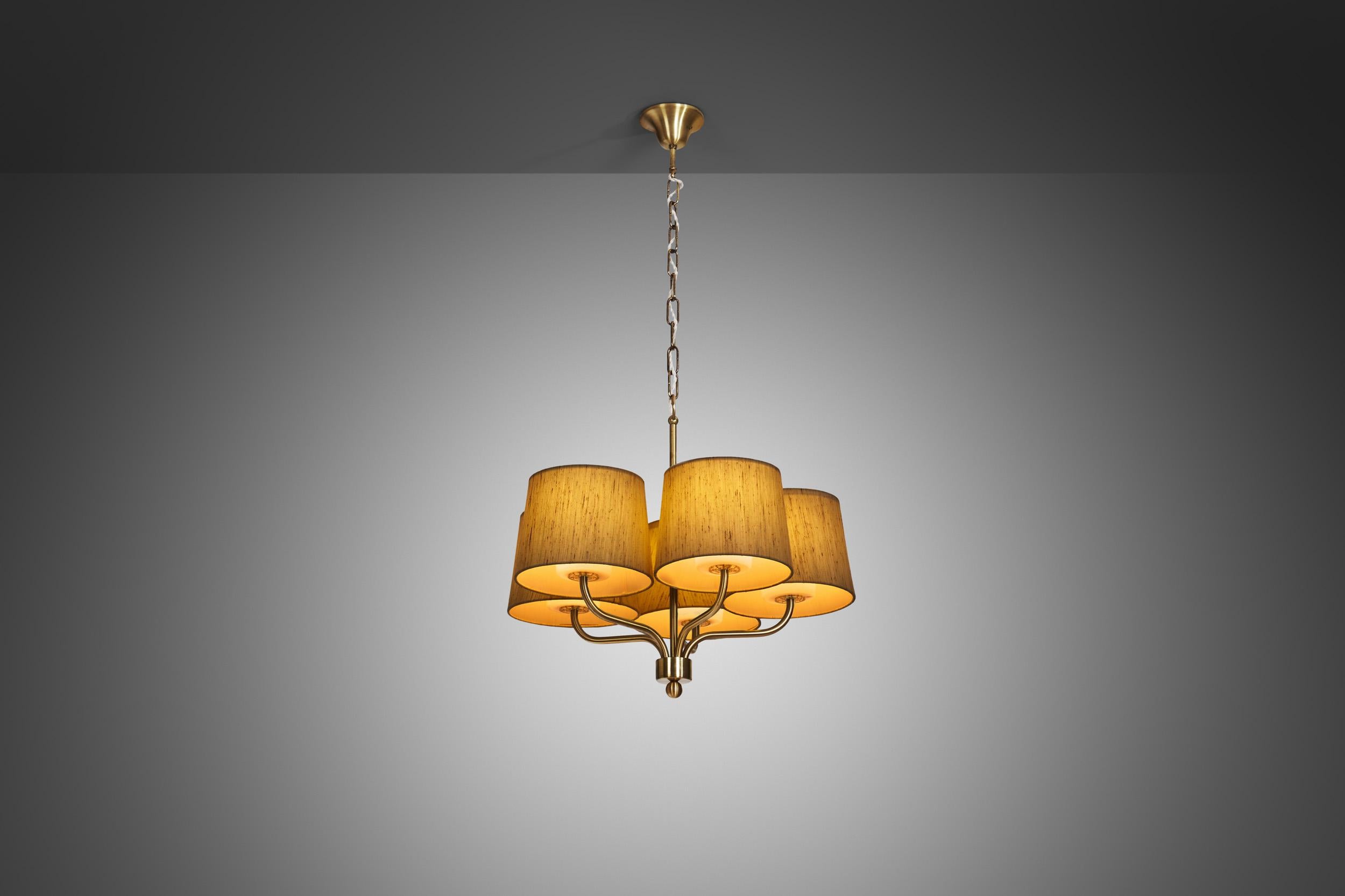 Swedish Five Arm Brass Ceiling Lamp with Fabric Shades by Luxus Vittsjö, Sweden 1960s For Sale