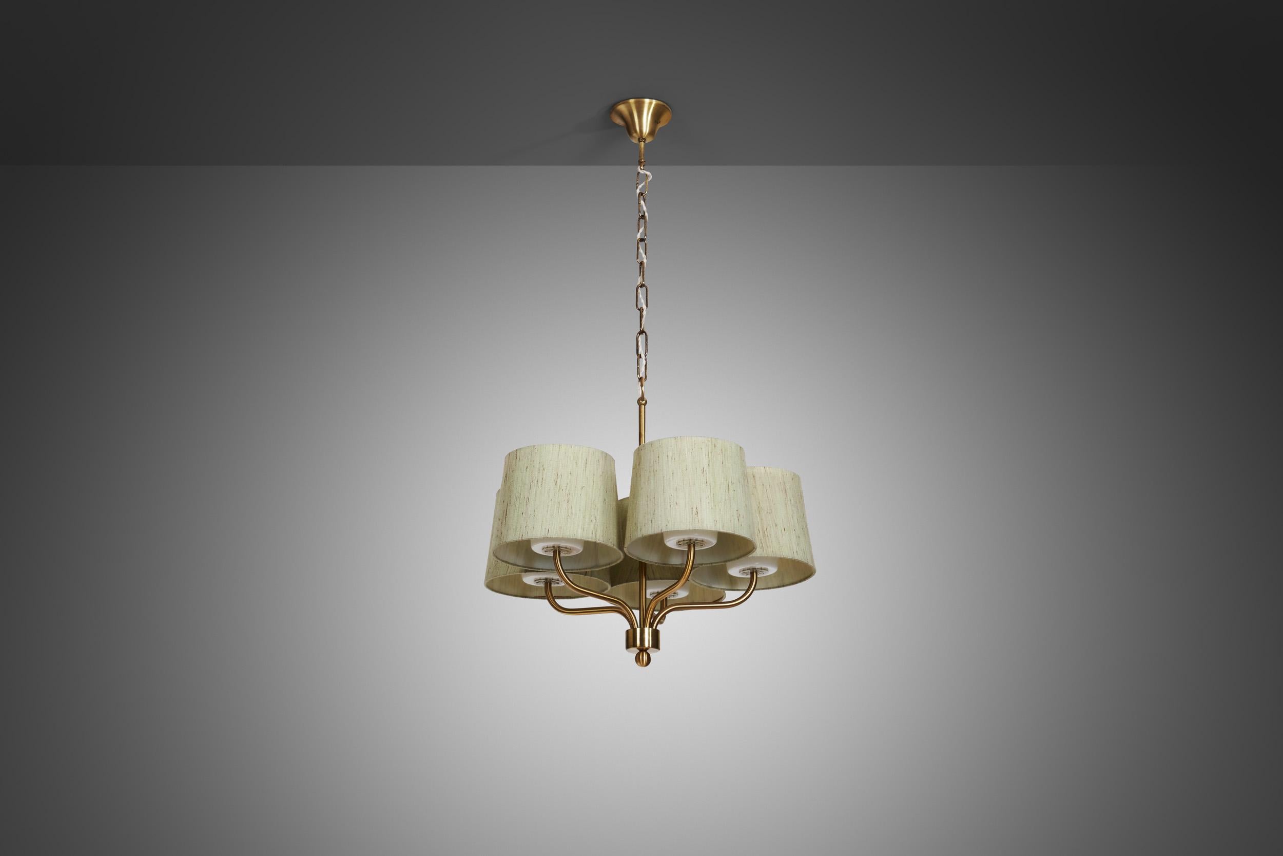 Five Arm Brass Ceiling Lamp with Fabric Shades by Luxus Vittsjö, Sweden 1960s In Good Condition For Sale In Utrecht, NL