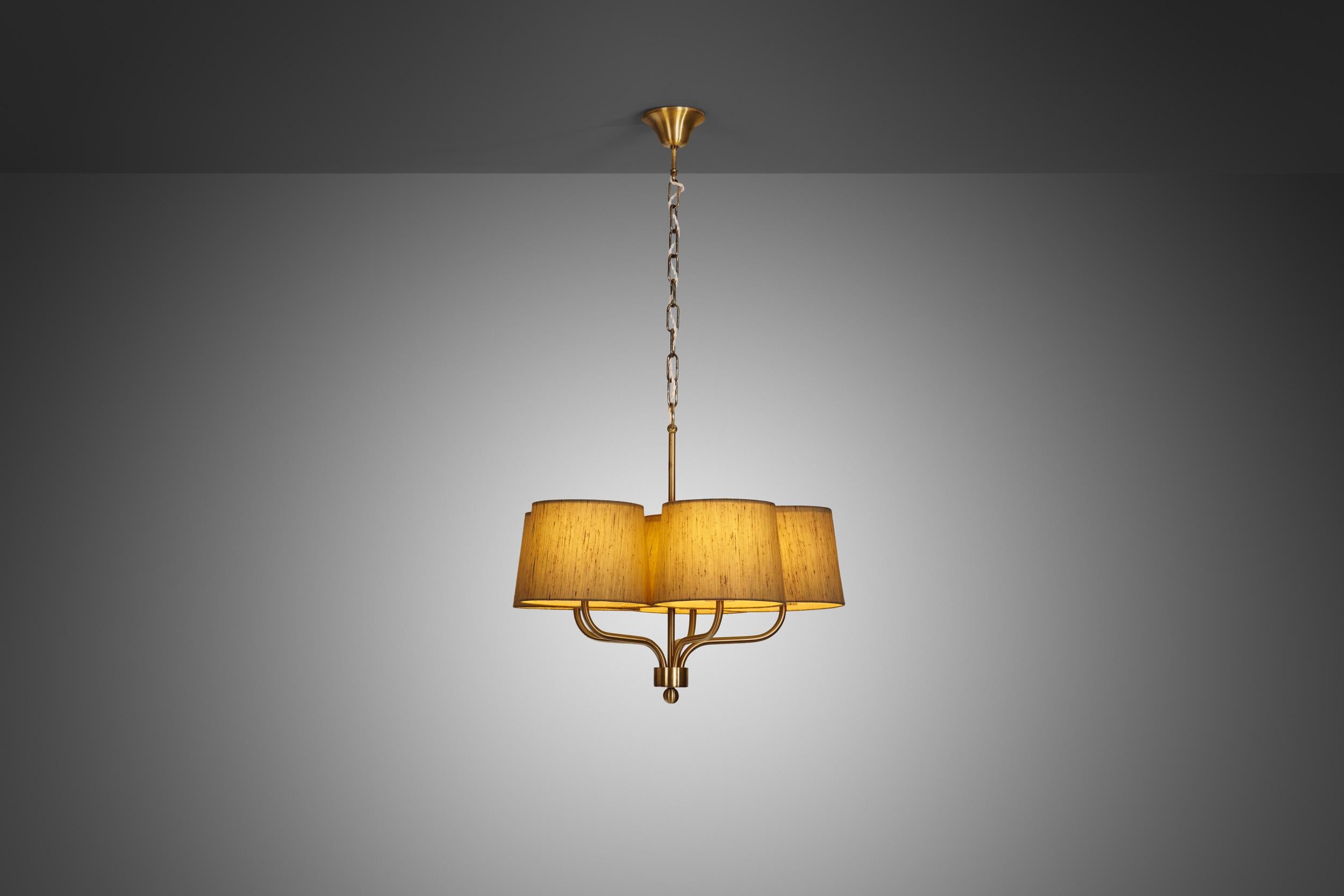 Mid-20th Century Five Arm Brass Ceiling Lamp with Fabric Shades by Luxus Vittsjö, Sweden 1960s For Sale