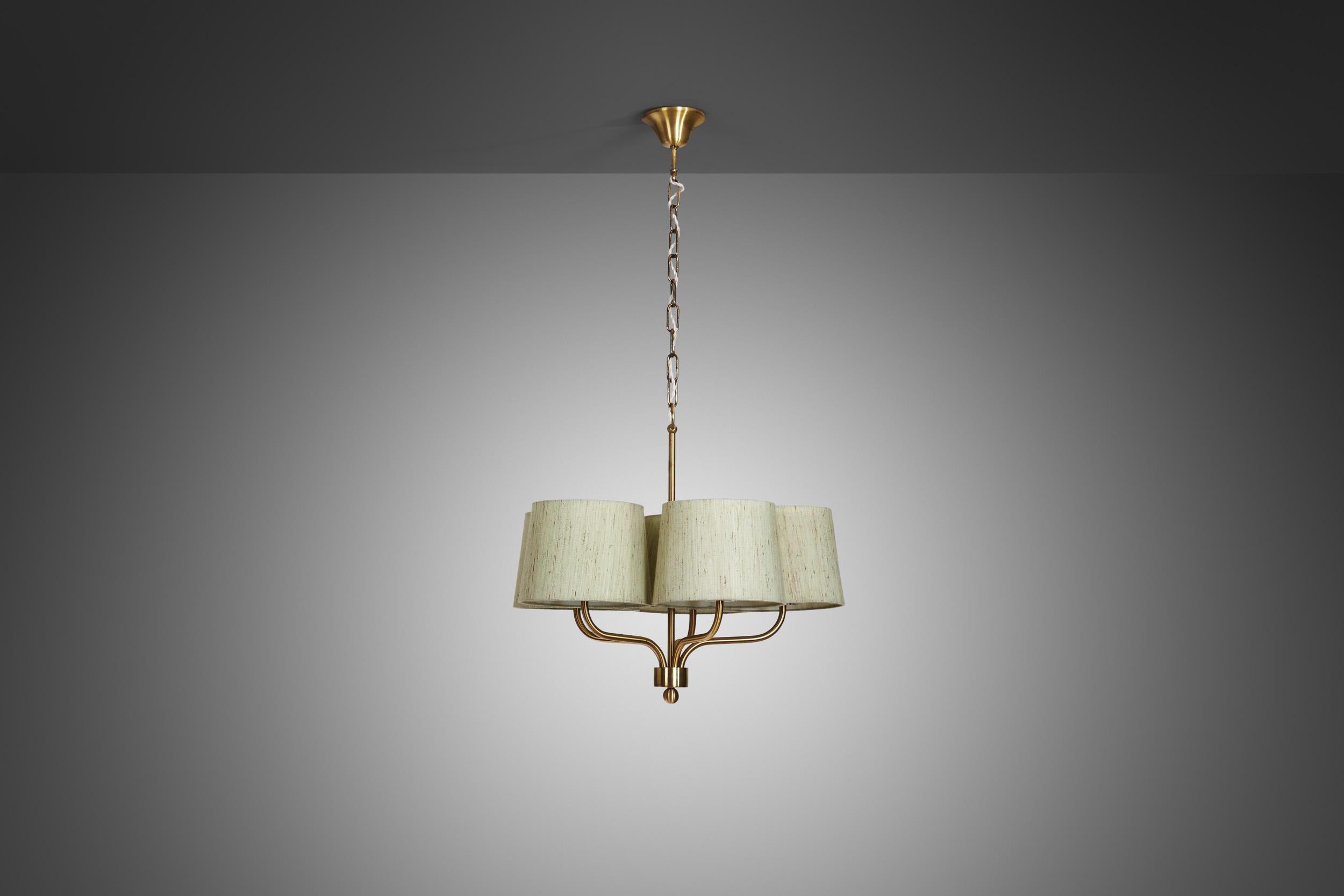 Five Arm Brass Ceiling Lamp with Fabric Shades by Luxus Vittsjö, Sweden 1960s For Sale 1