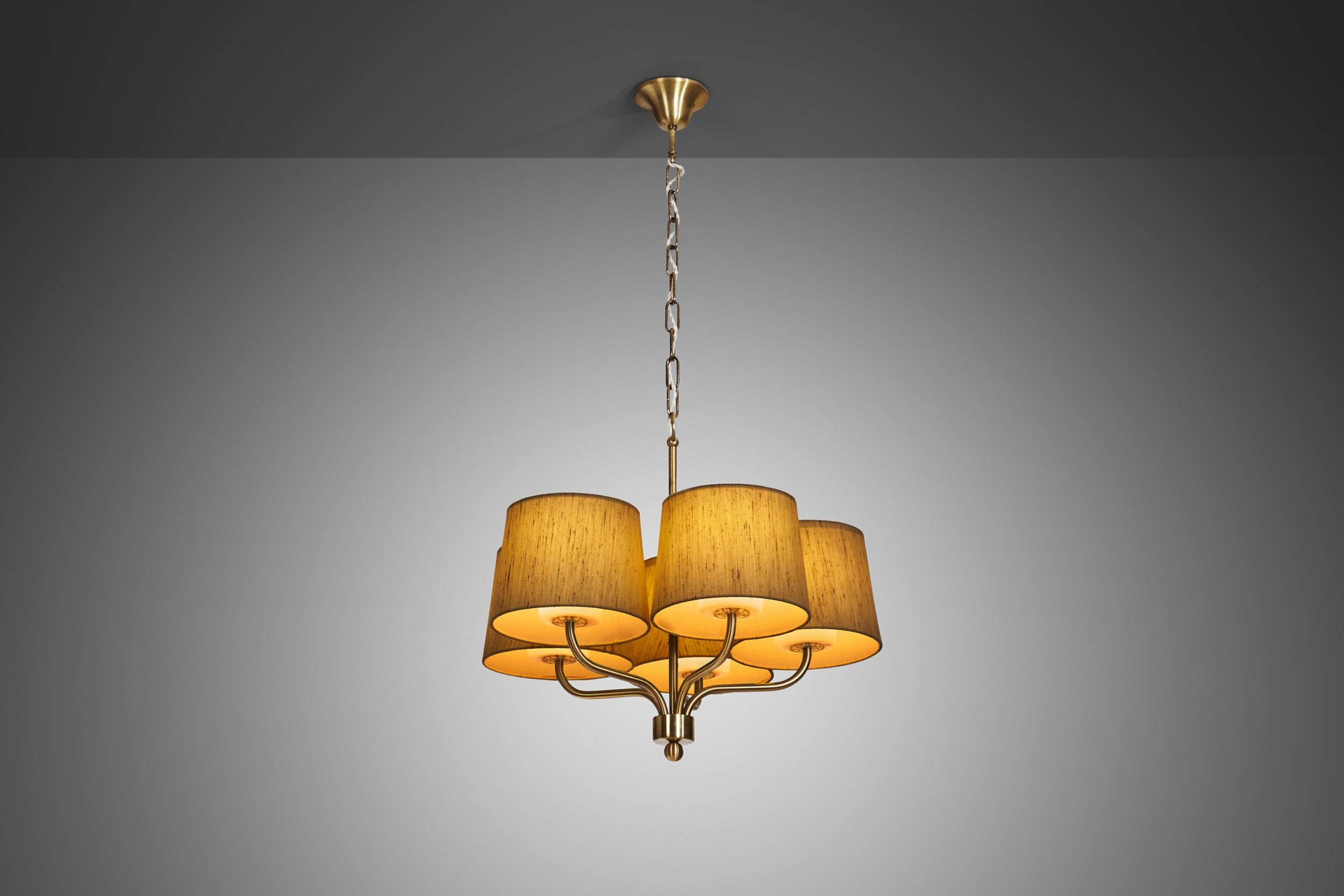 Five Arm Brass Ceiling Lamp with Fabric Shades by Luxus Vittsjö, Sweden 1960s 2