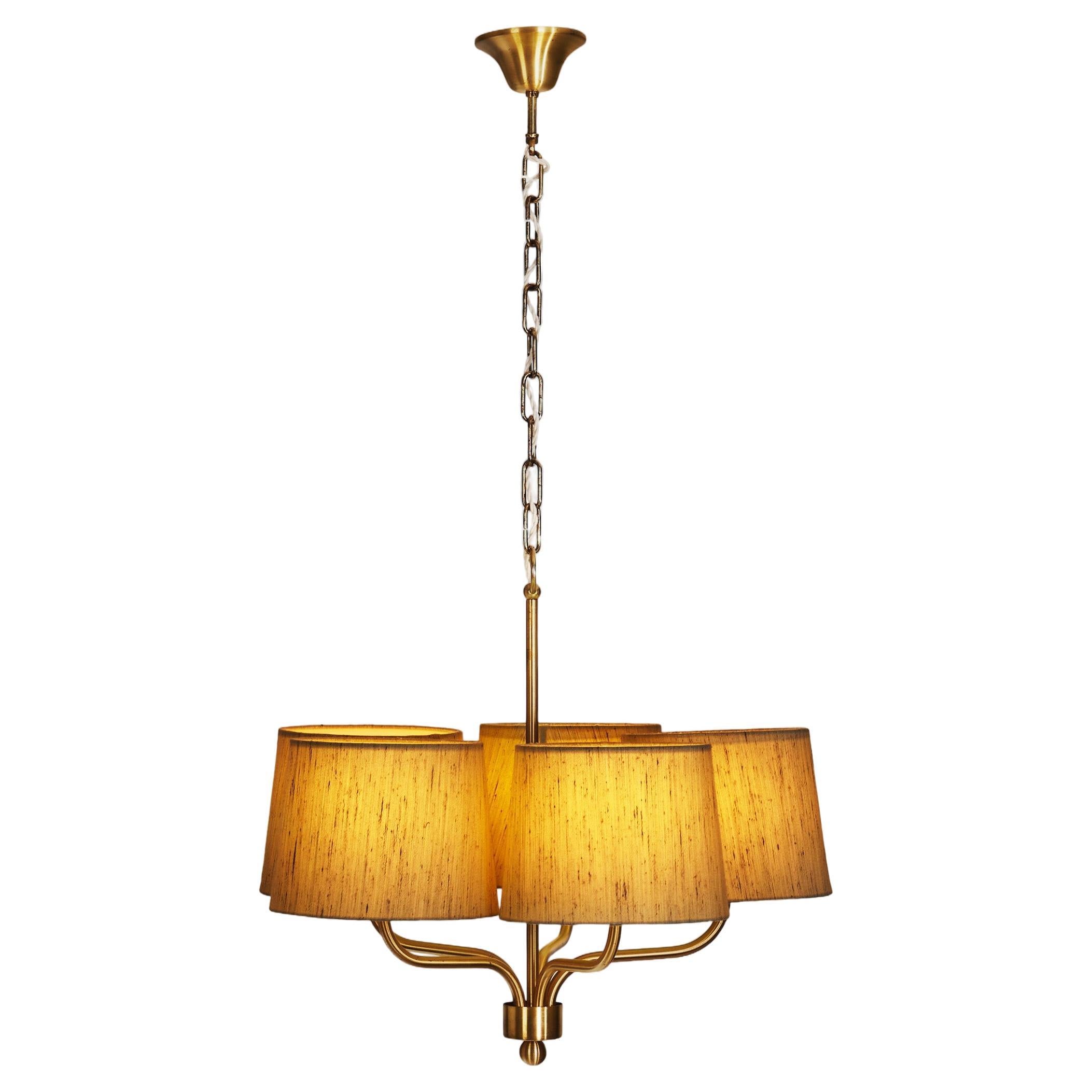 Five Arm Brass Ceiling Lamp with Fabric Shades by Luxus Vittsjö, Sweden 1960s For Sale