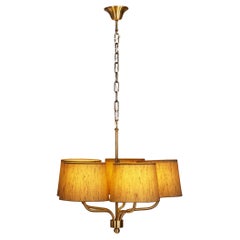 Retro Five Arm Brass Ceiling Lamp with Fabric Shades by Luxus Vittsjö, Sweden 1960s