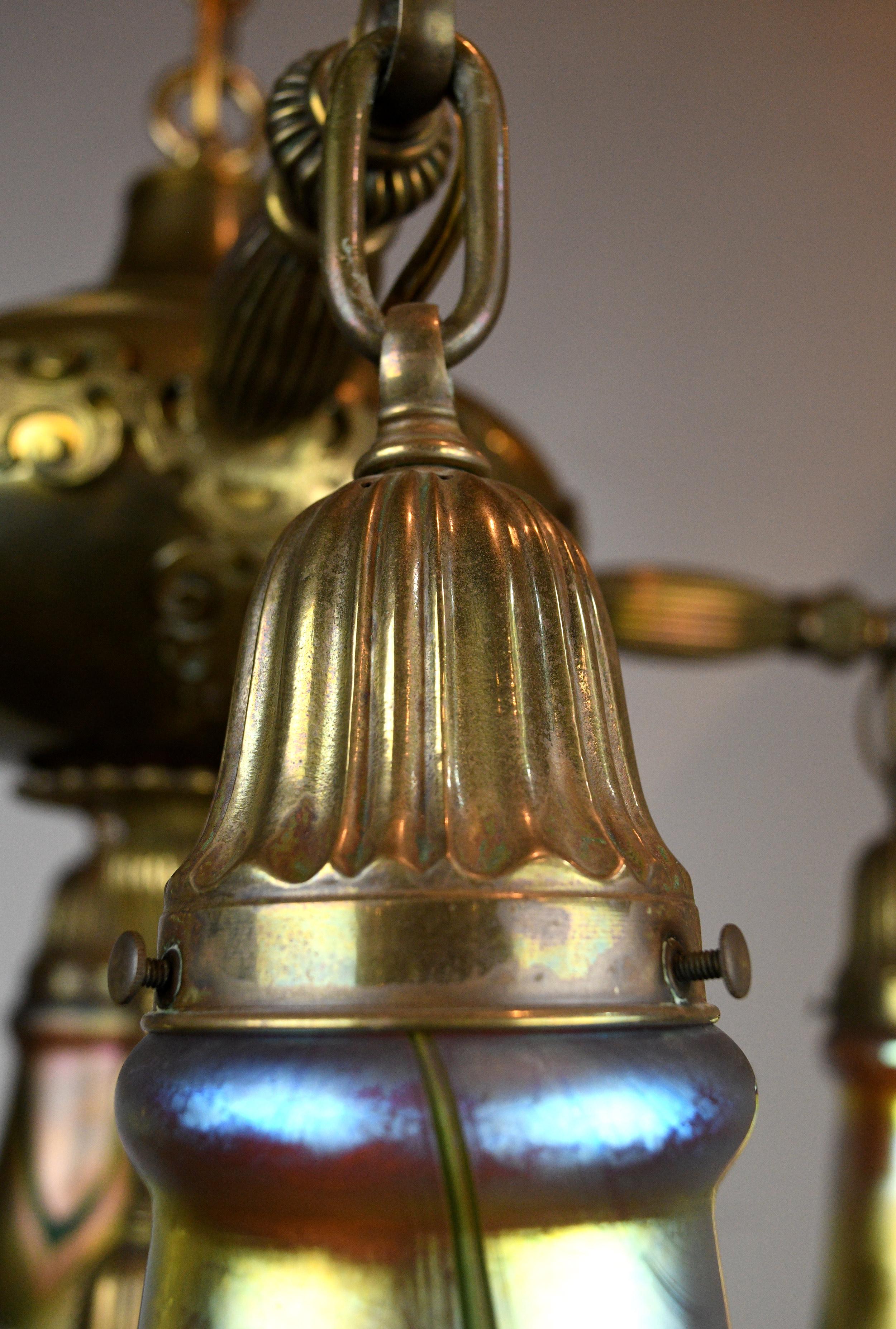 American Five-Arm Brass Chandelier with Steuben Shades