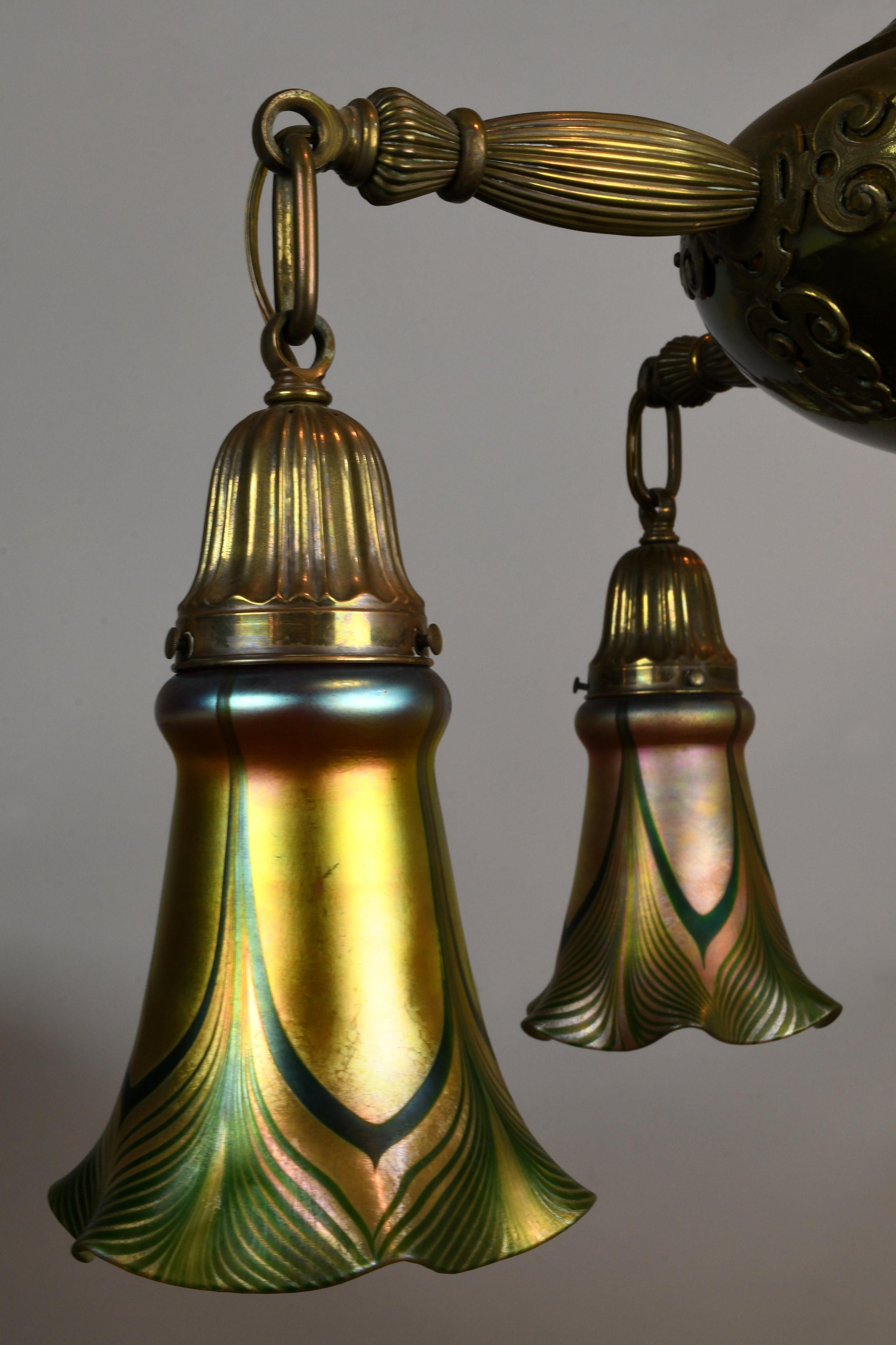 Five-Arm Brass Chandelier with Steuben Shades In Good Condition In Minneapolis, MN