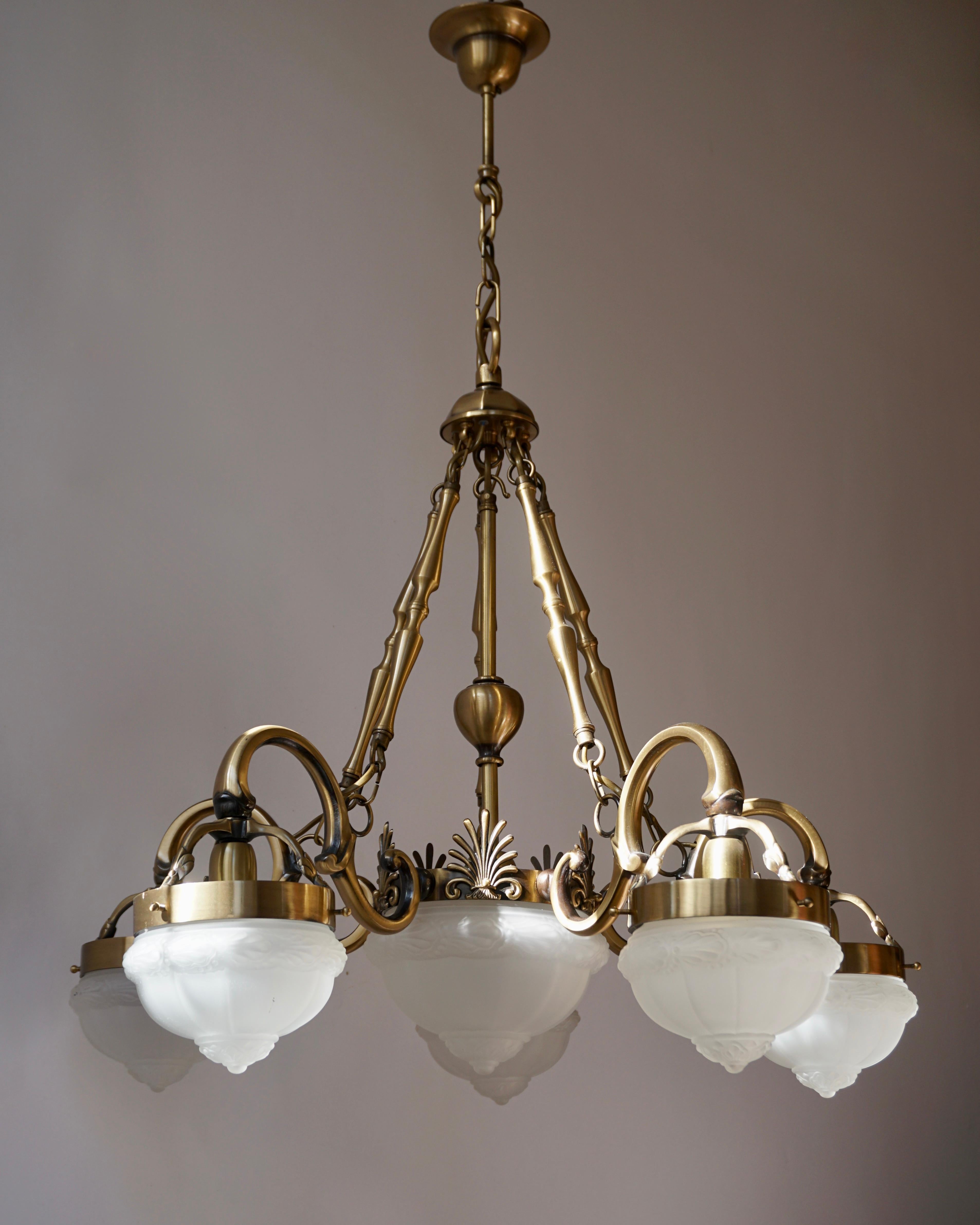Five-Arm Bronze and Art Glass Chandelier For Sale 4