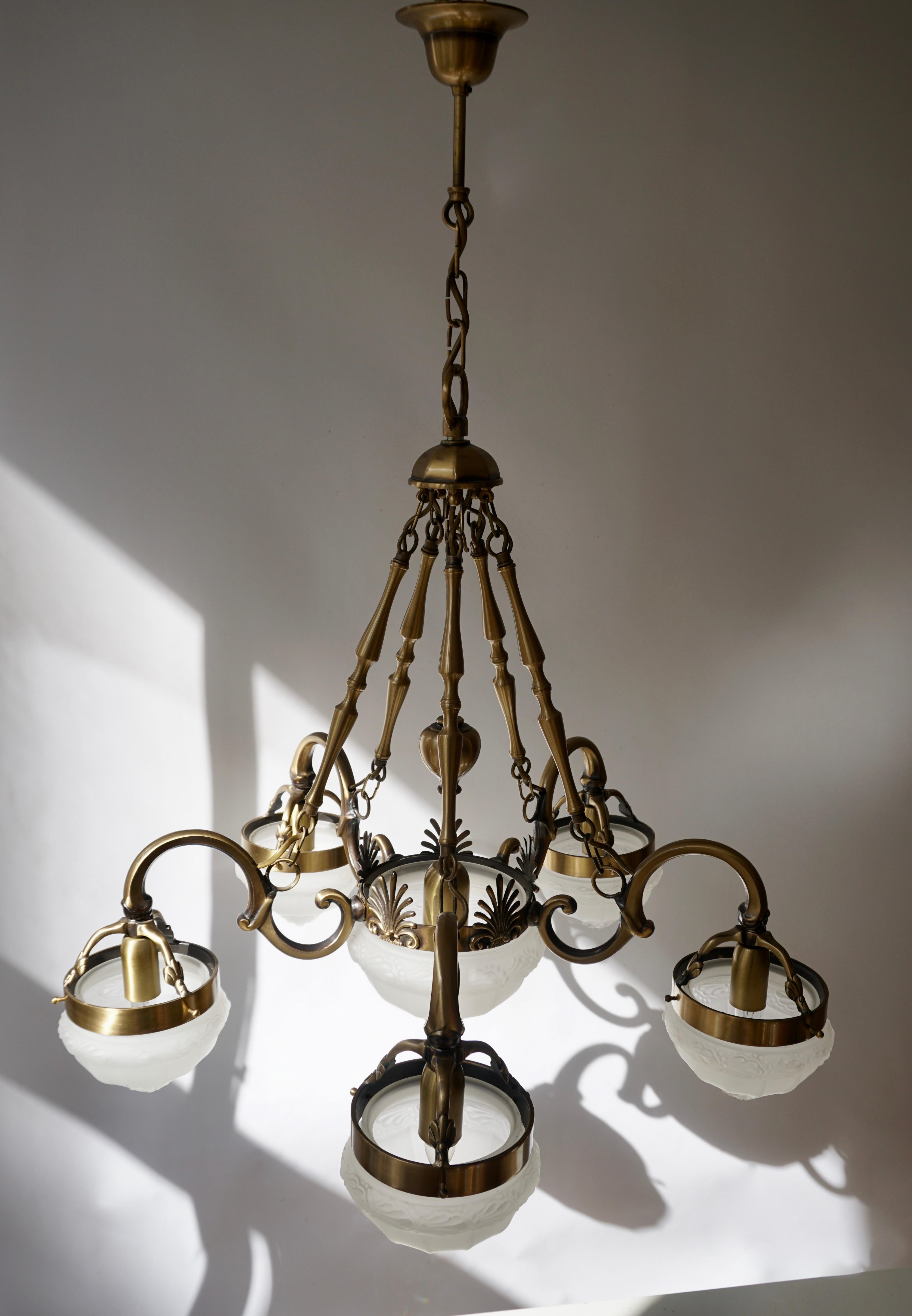 20th Century Five-Arm Bronze and Art Glass Chandelier For Sale