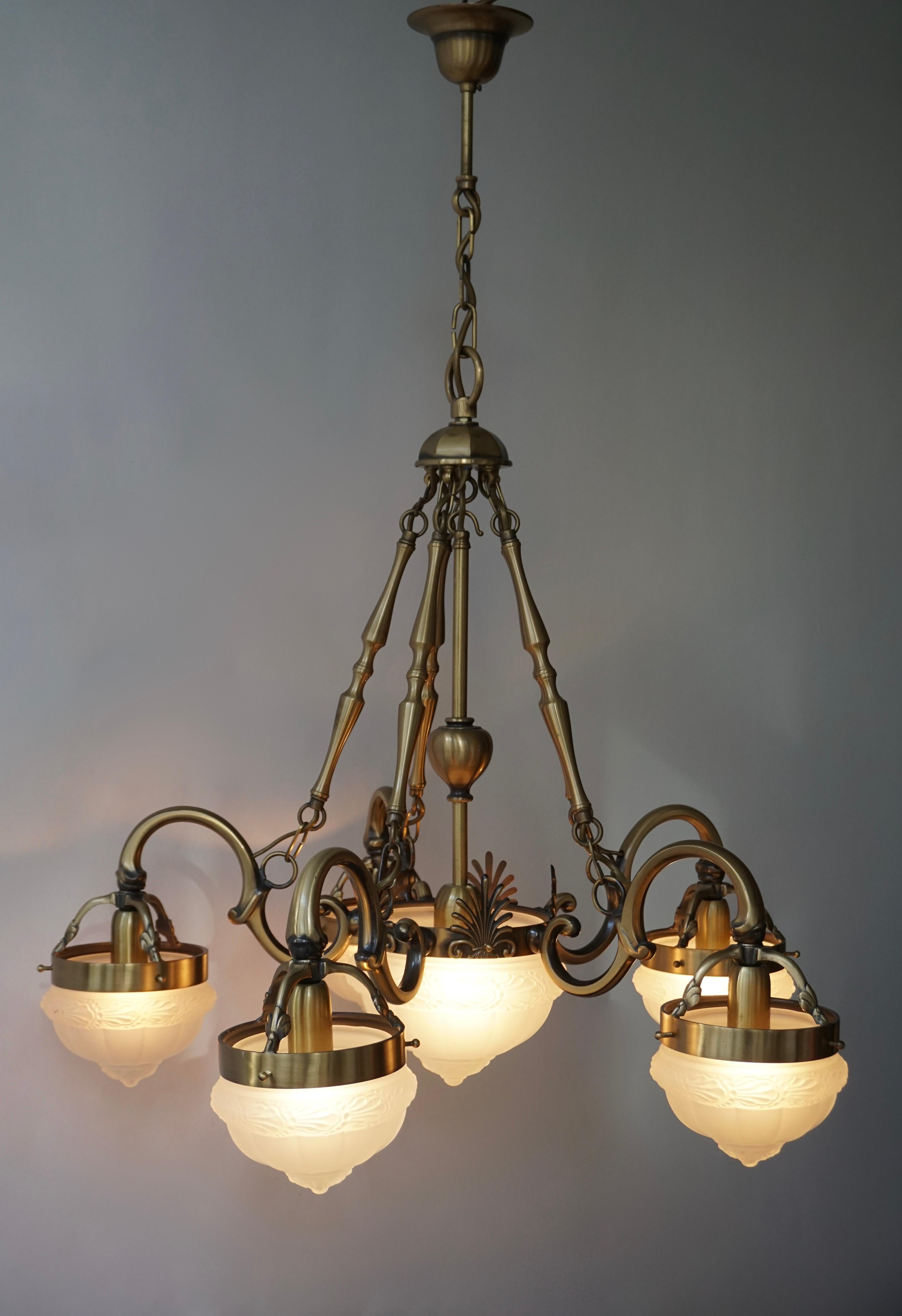 Five-Arm Bronze and Art Glass Chandelier For Sale 1