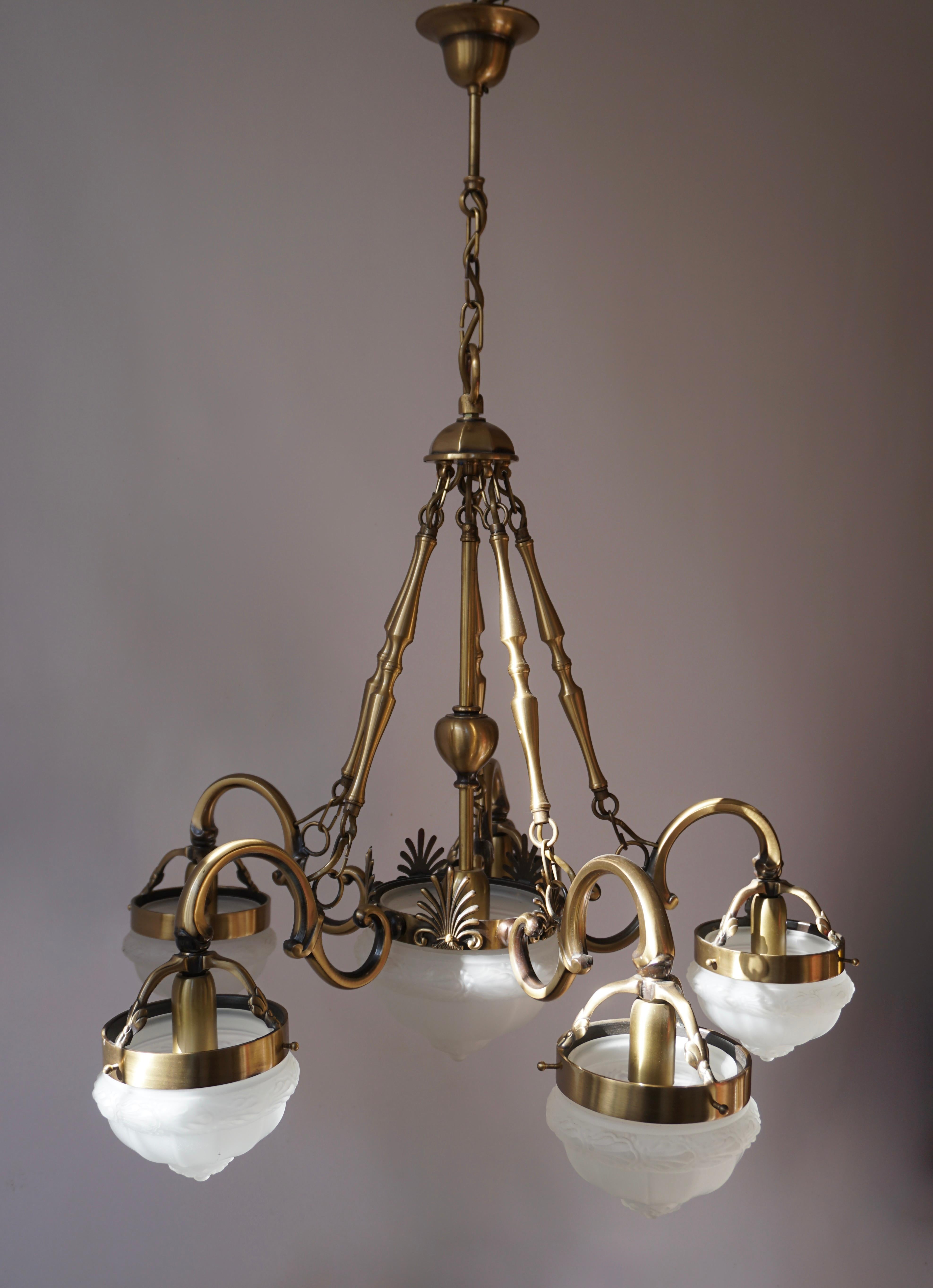 Five-Arm Bronze and Art Glass Chandelier For Sale 2