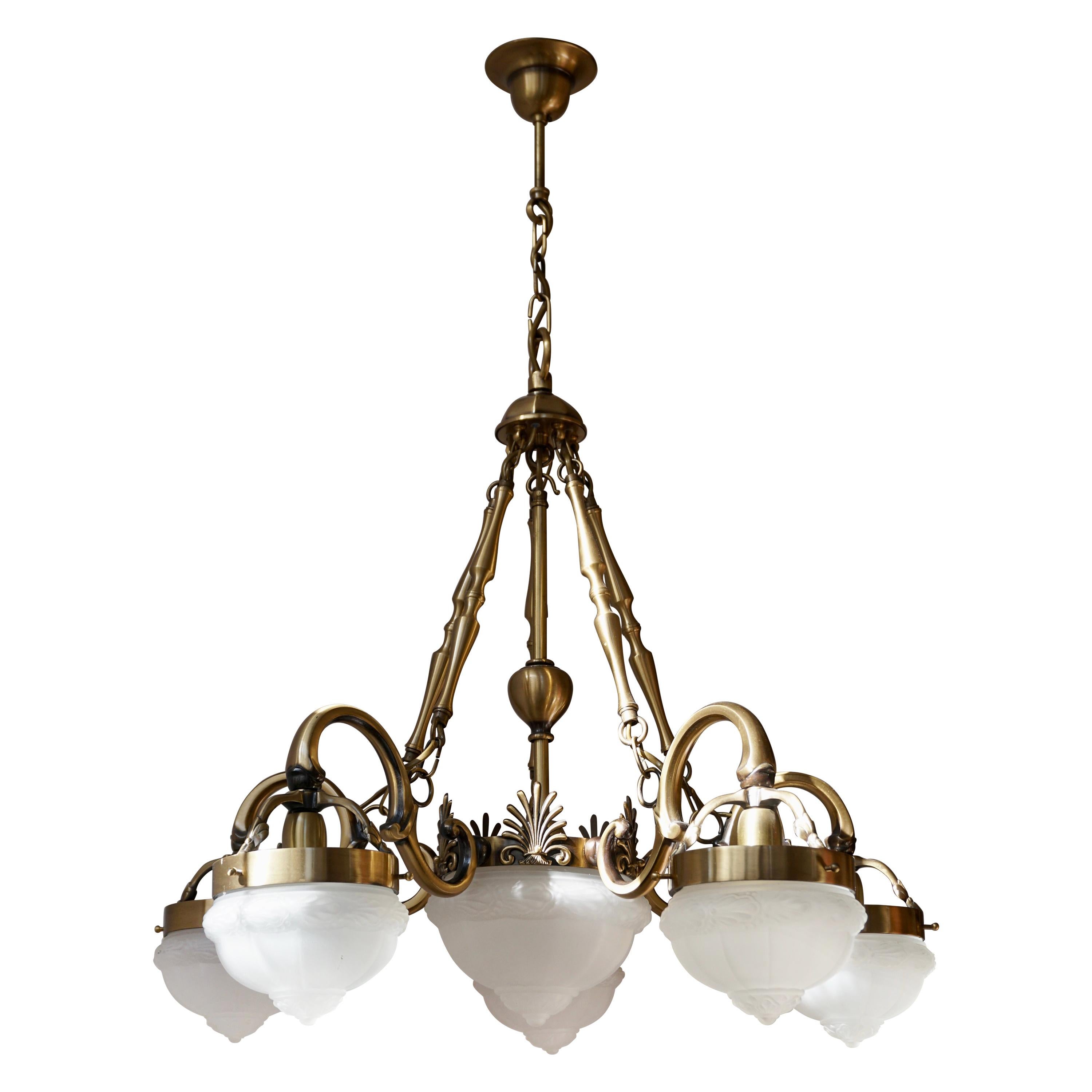 Five-Arm Bronze and Art Glass Chandelier