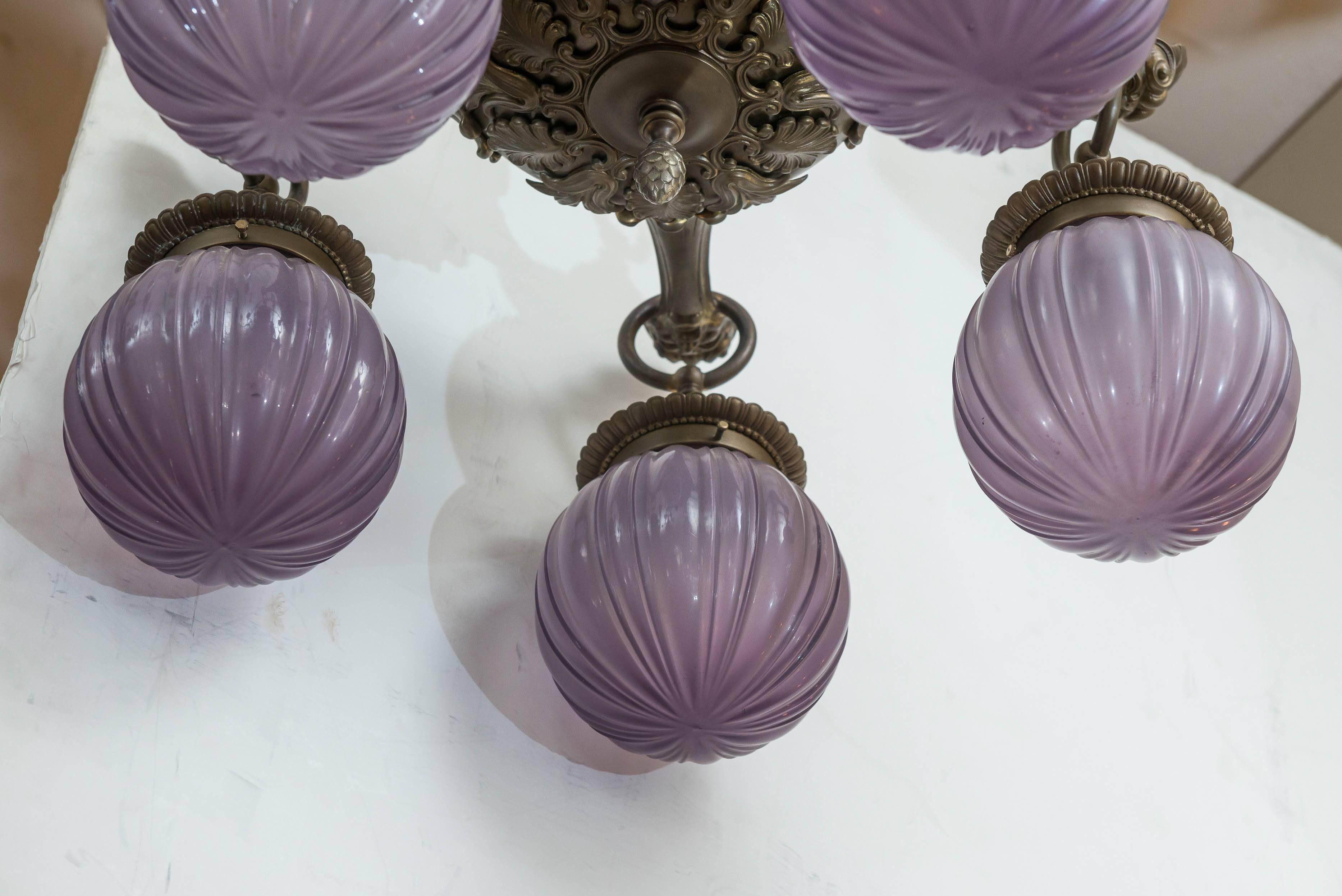 Beaux Arts Five-Arm Bronze Chandelier with Unusual Purple Glass Shades