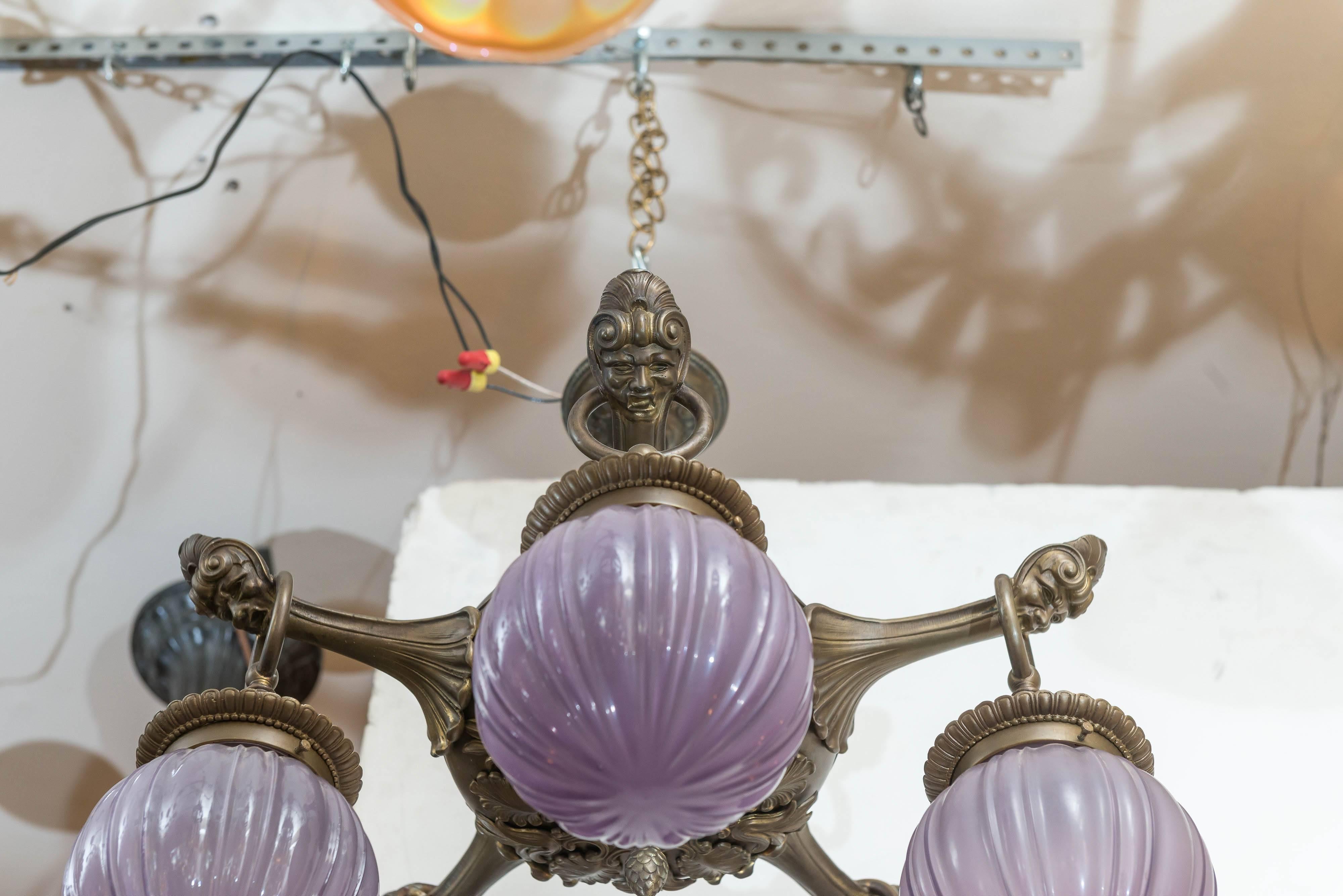 Frosted Five-Arm Bronze Chandelier with Unusual Purple Glass Shades