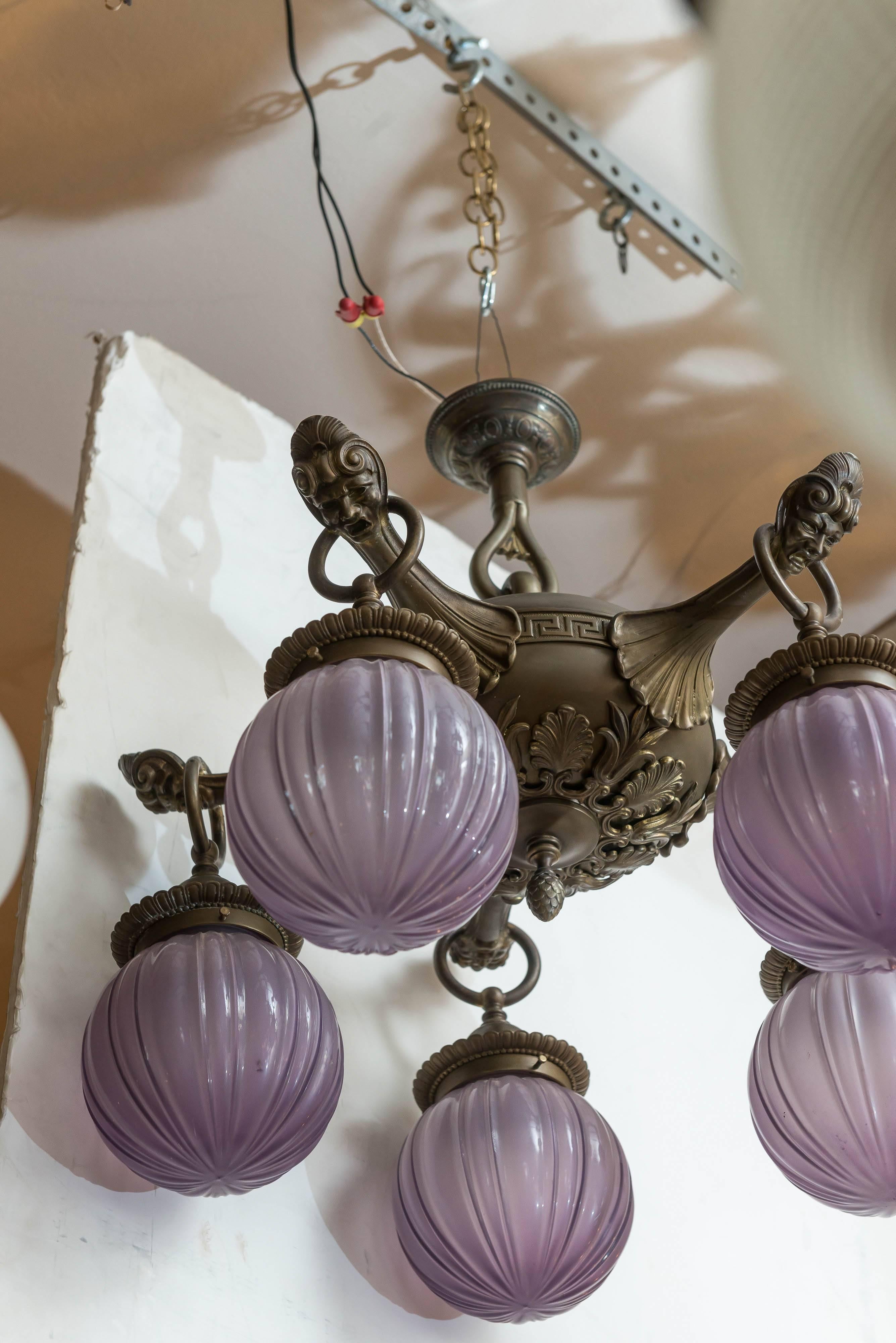 Five-Arm Bronze Chandelier with Unusual Purple Glass Shades In Excellent Condition In Petaluma, CA