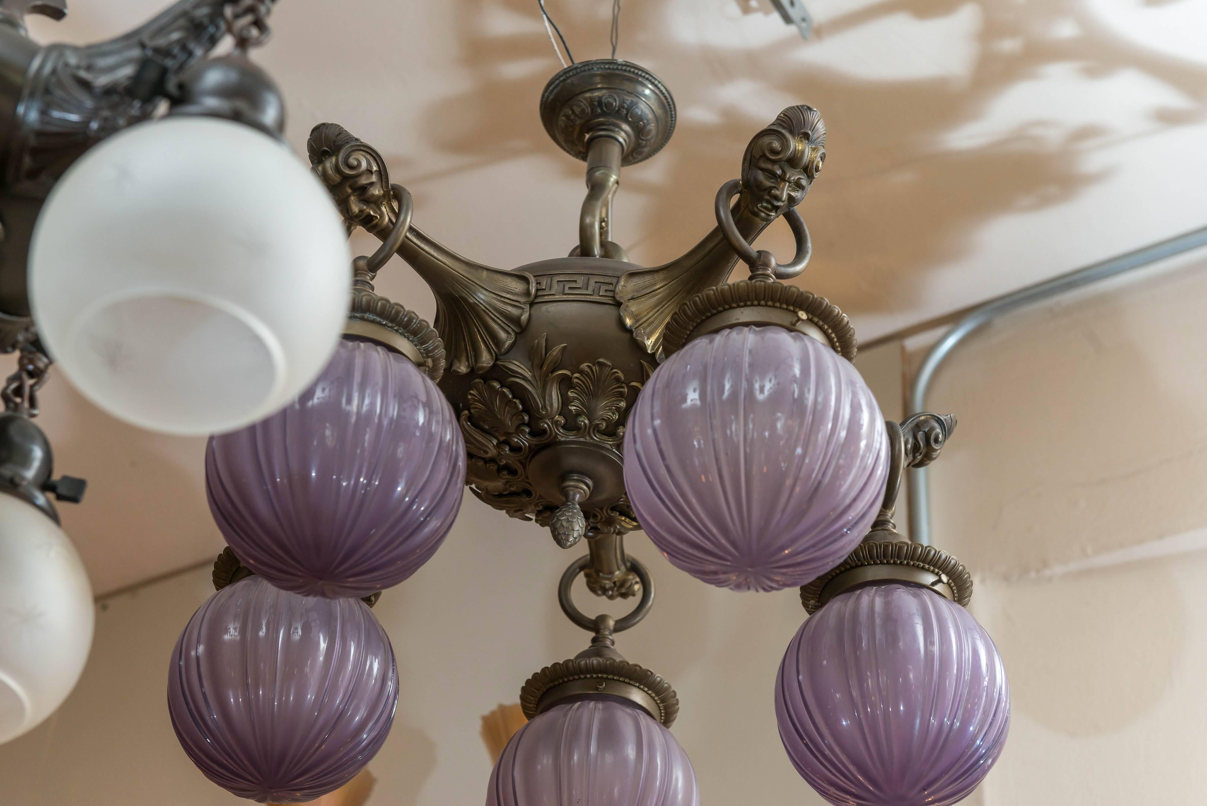 20th Century Five-Arm Bronze Chandelier with Unusual Purple Glass Shades