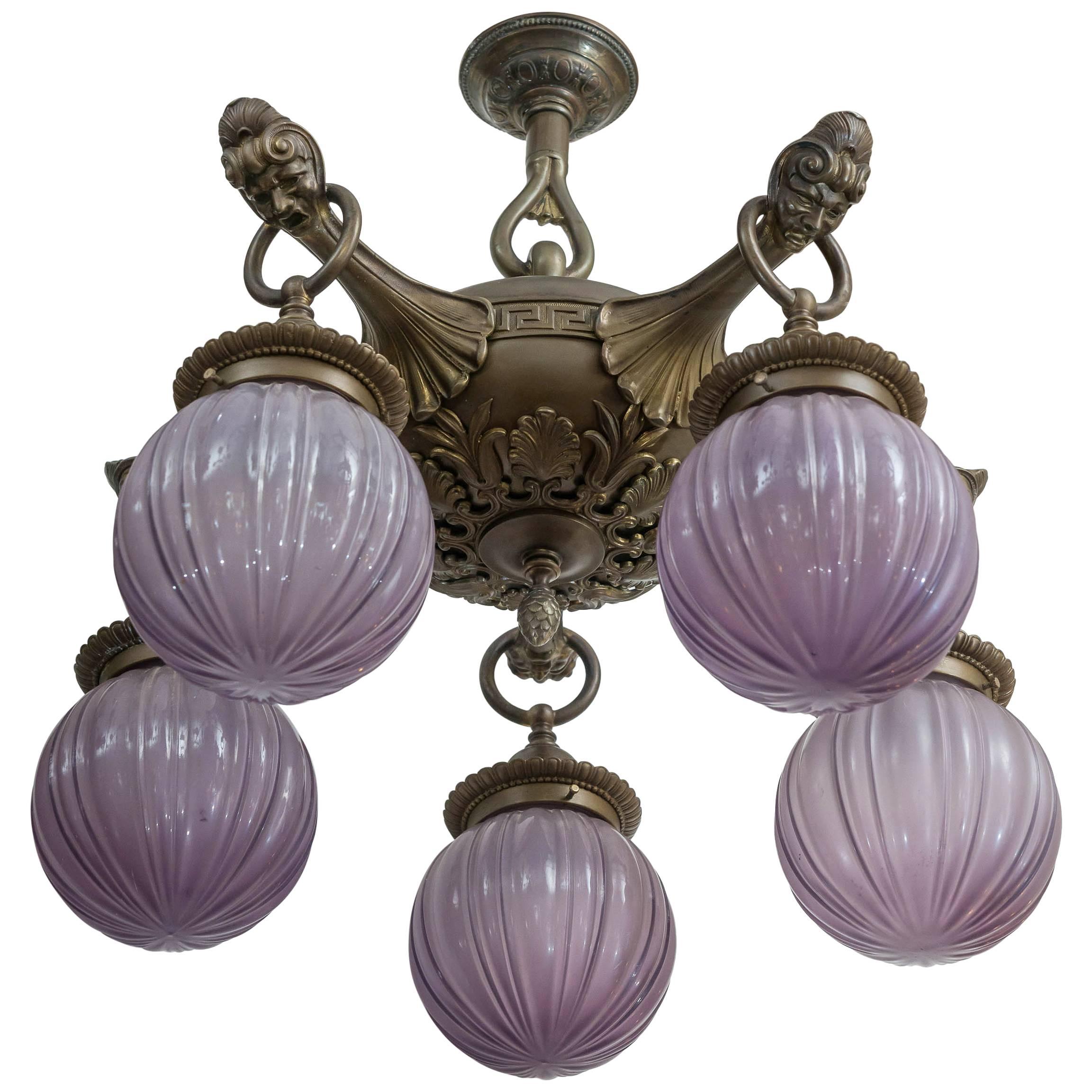 Five-Arm Bronze Chandelier with Unusual Purple Glass Shades