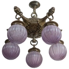 Five-Arm Bronze Chandelier with Unusual Purple Glass Shades